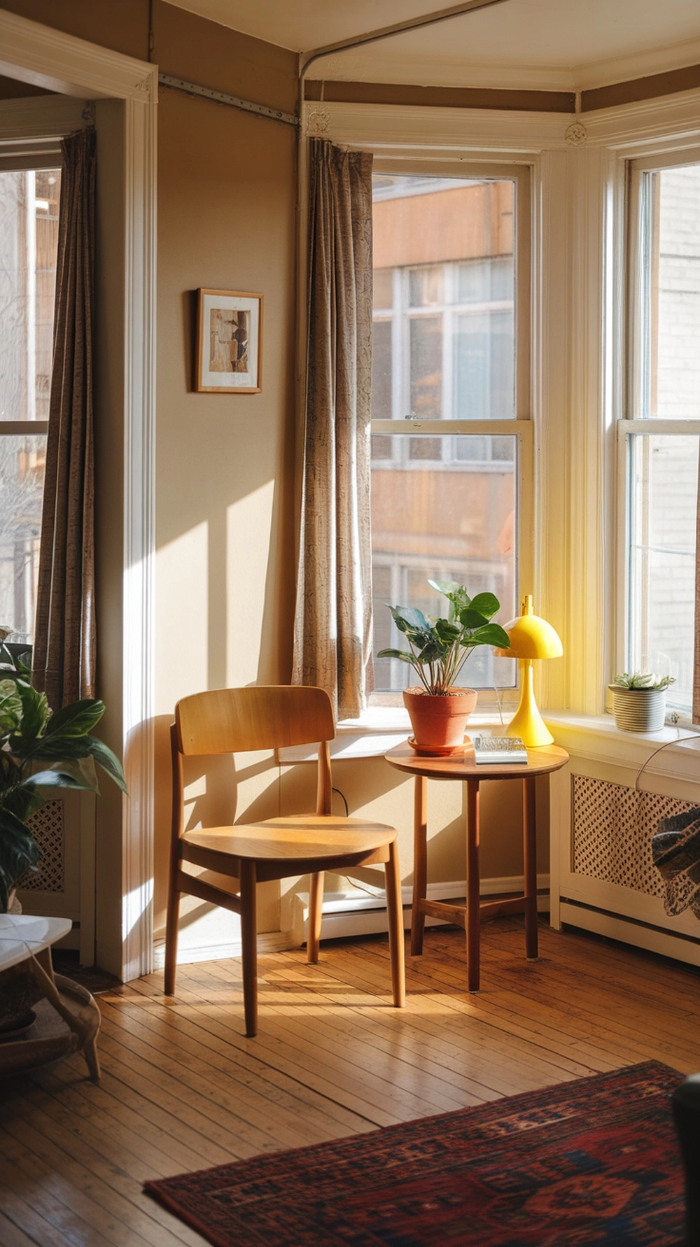 How to Create a Warm Apartment Aesthetic with Cozy Decor 9 A cozy corner of an apartment with sunlight streaming through large windows, illuminating a wooden chair and a small table with plants.