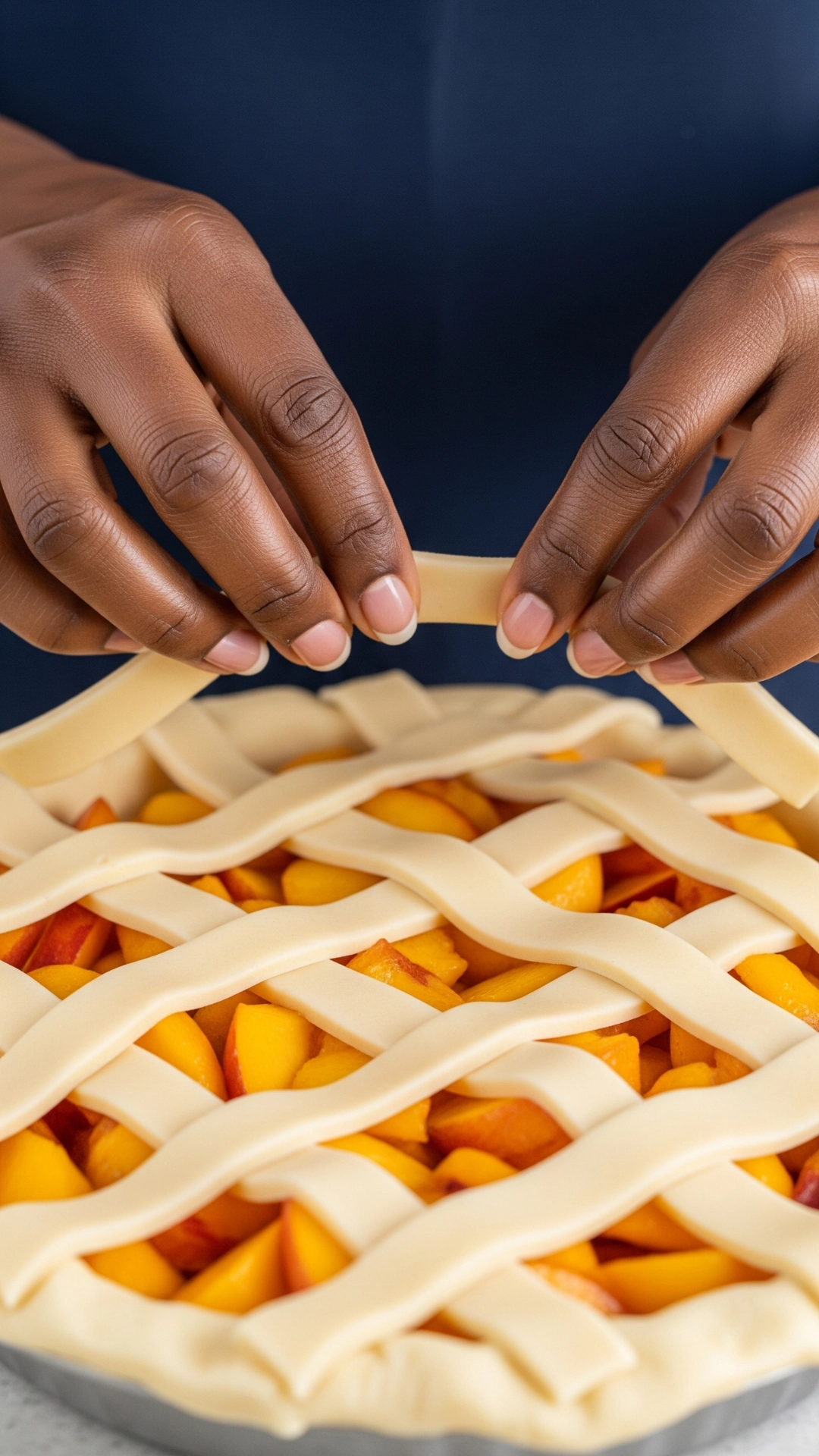 The Ultimate Fresh Peach Pie Recipe (How to Get It Perfect) 7 A vertical shot showing a Black woman's hands carefully weaving strips of pale pie dough into a lattice pattern over a pie dish filled high with fresh peach slices.