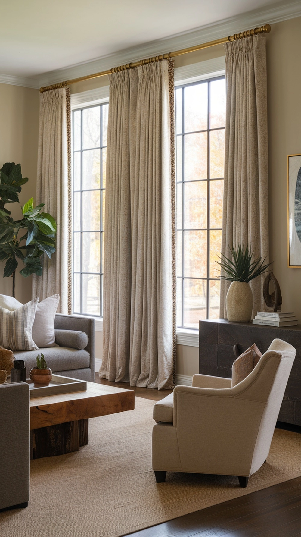 Cozy fall living room with patterned curtains and soft textures