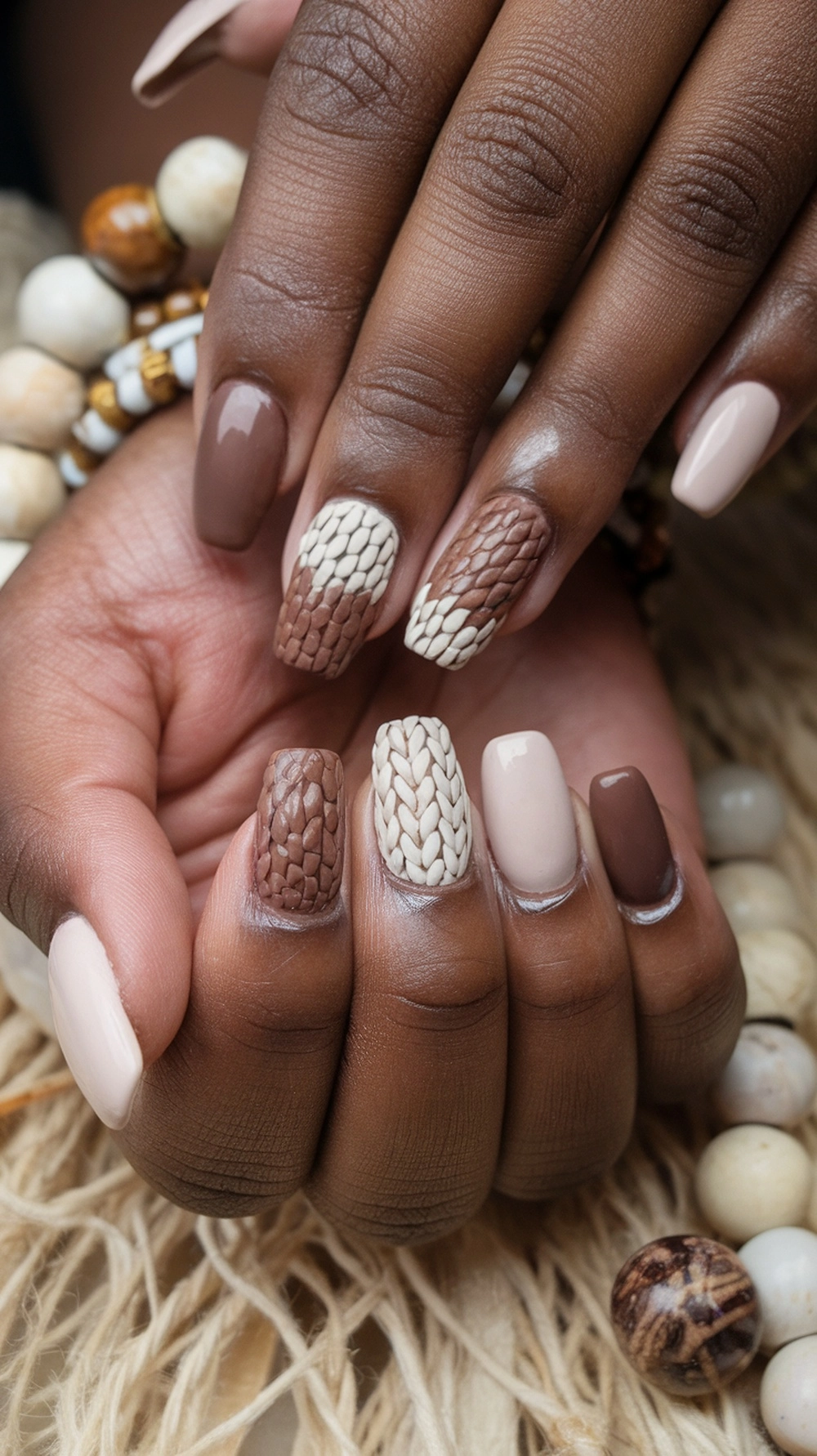 16 Cute Boho Nail Ideas You’ll Love 16 Close-up of hands with woven texture nail art in earthy tones