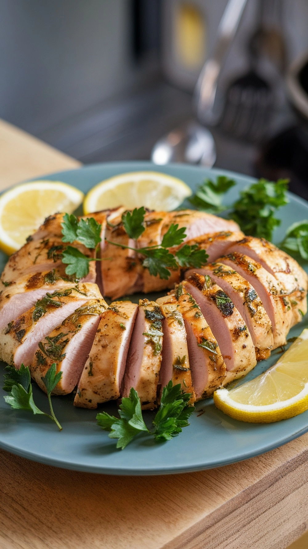 Low-Calorie Dinner Recipes Under 500 Calories 3 Grilled chicken breast garnished with herbs and lemon slices on a plate.