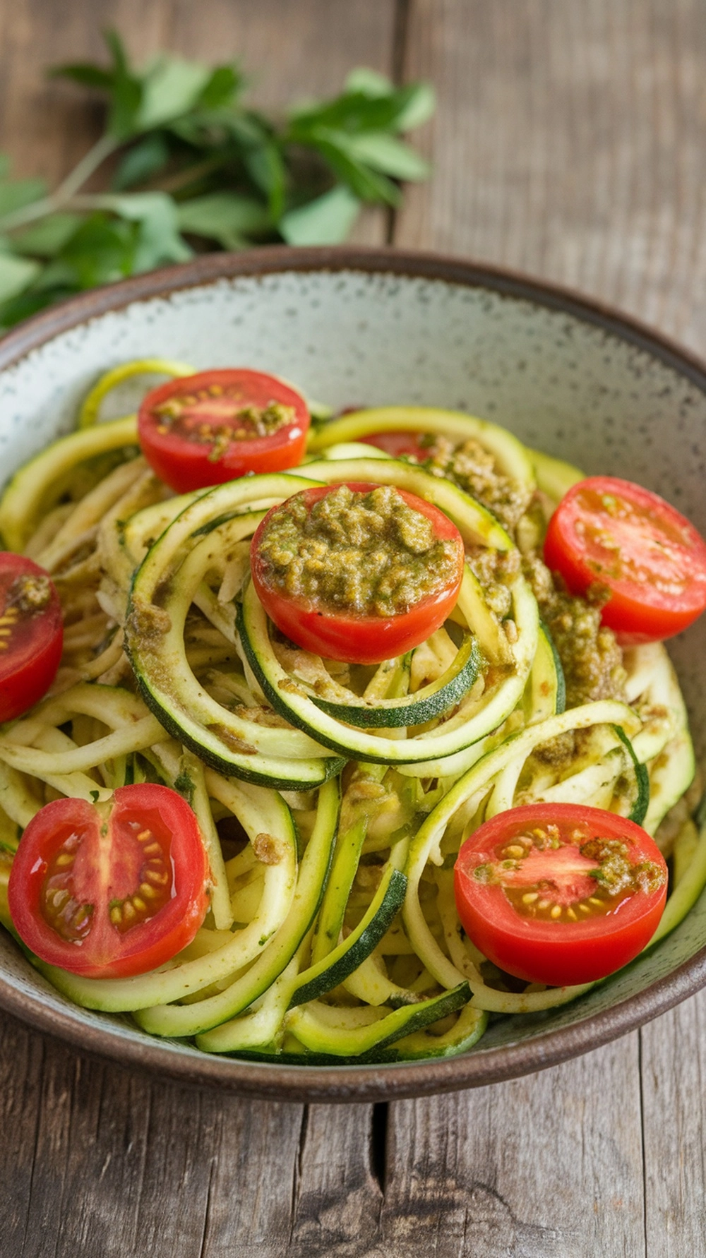 Low-Calorie Dinner Recipes Under 500 Calories 6 A bowl of zucchini noodles topped with pesto and cherry tomatoes.