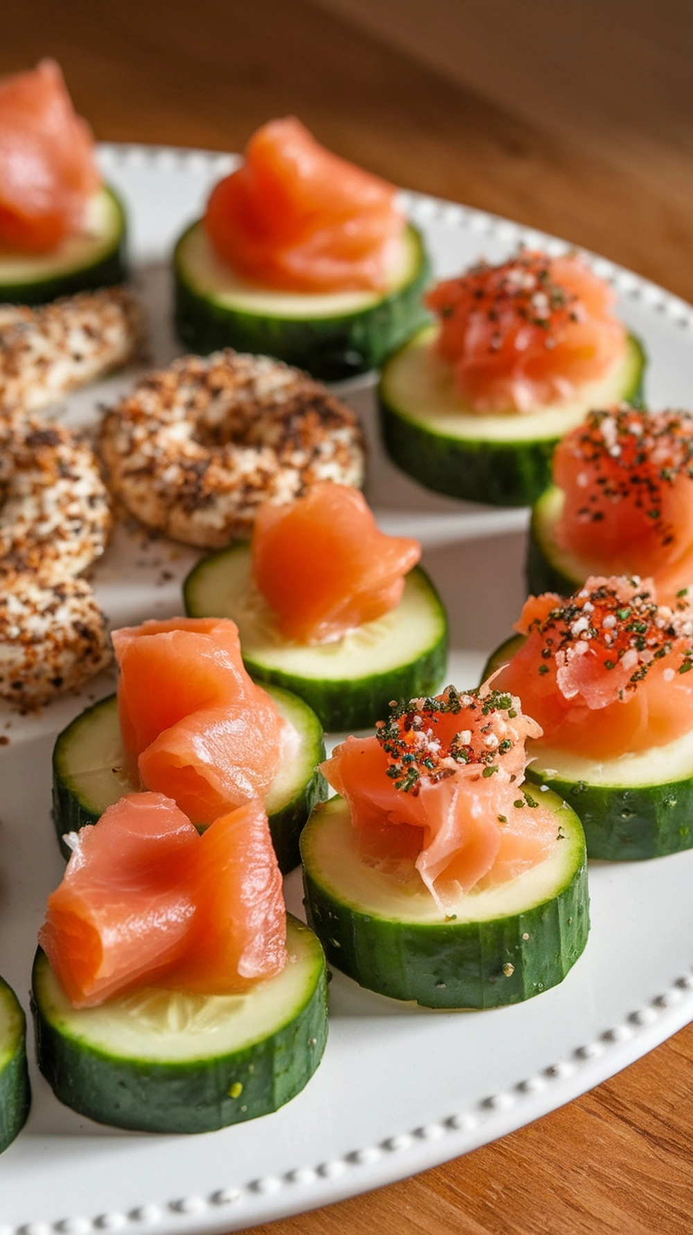 Quick & Refreshing Creamy Cucumber Snack 5 A white platter displaying different variations of the quick and easy cucumber snack recipe. Some bites are topped with smoked salmon, while others are garnished with everything bagel seasoning, highlighting the recipe's versatility.