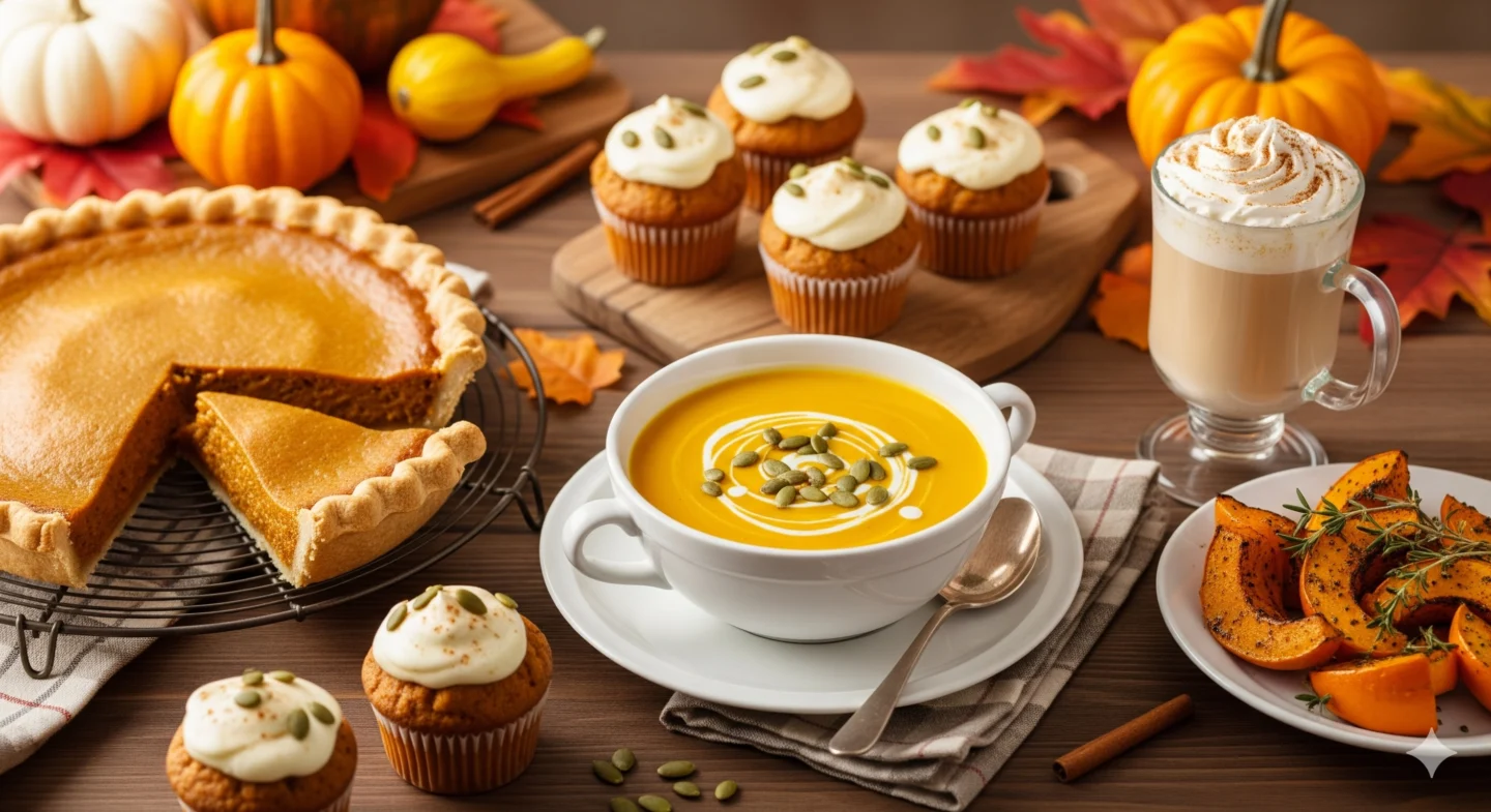  A cozy, rustic wooden table displaying a variety of pumpkin recipes, including soup, pie, muffins, roasted wedges, and a pumpkin spice latte, surrounded by small pumpkins and autumn leaves.