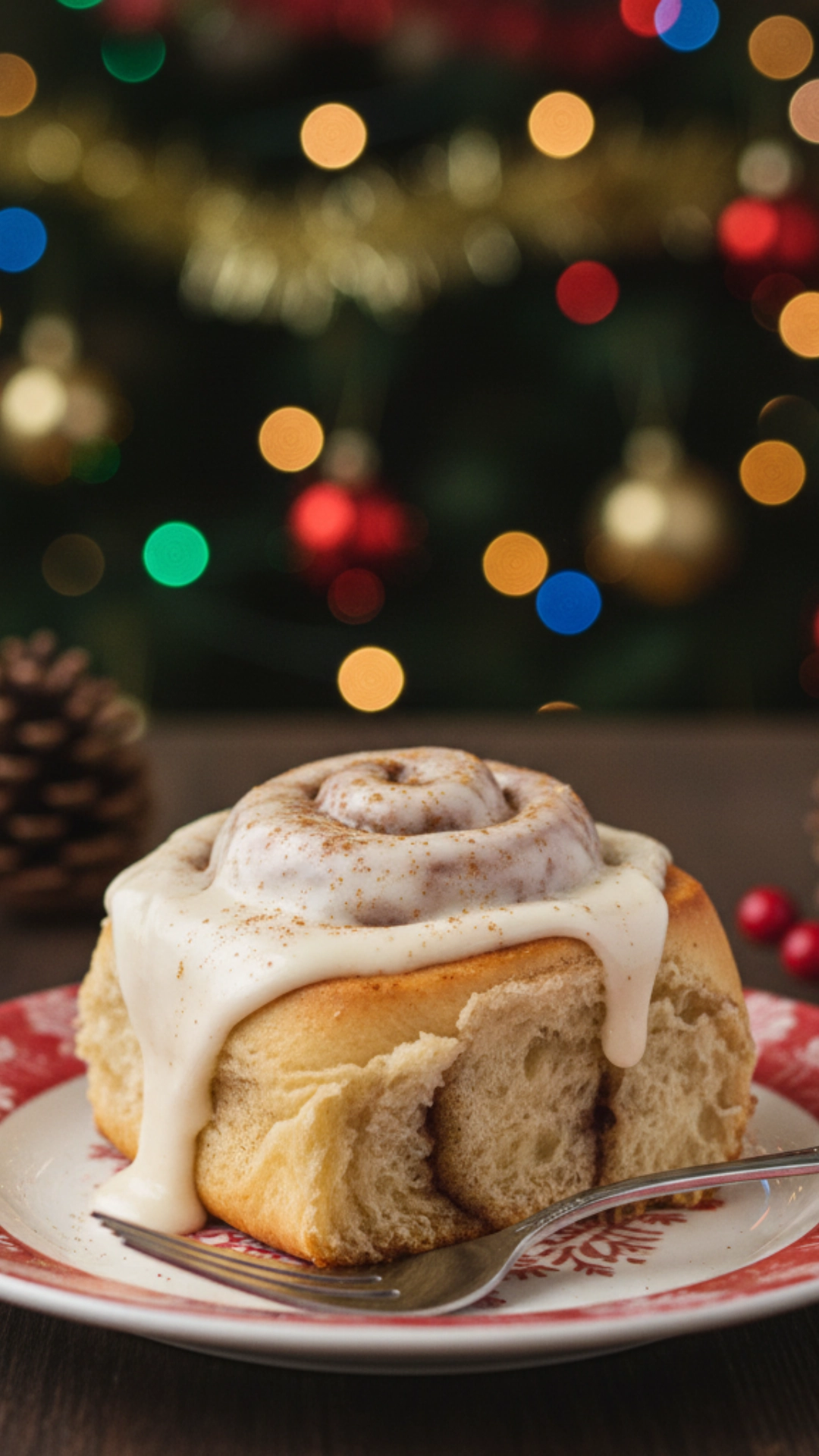 A single, perfectly frosted Christmas cinnamon roll served on a small plate with a fork, with a softly lit Christmas tree in the background.