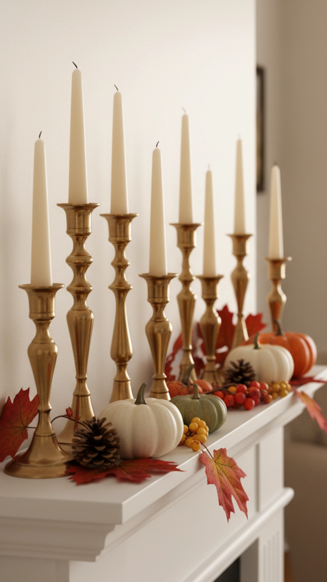 Incredible Fall Mantle Decor Ideas You'll Obsess Over 8 A collection of brass candlesticks on a decorated mantle.