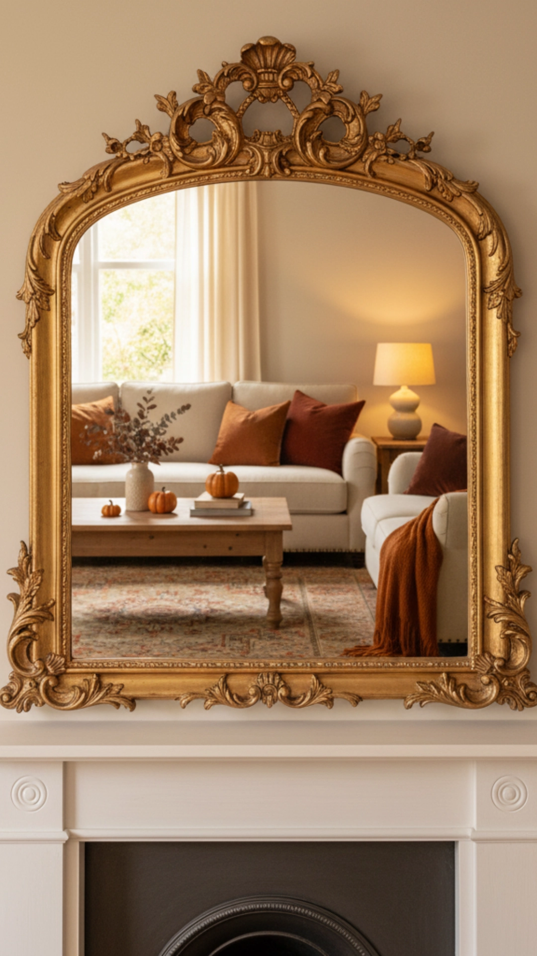 Incredible Fall Mantle Decor Ideas You'll Obsess Over 4 An ornate gold mirror hanging above a fireplace.
