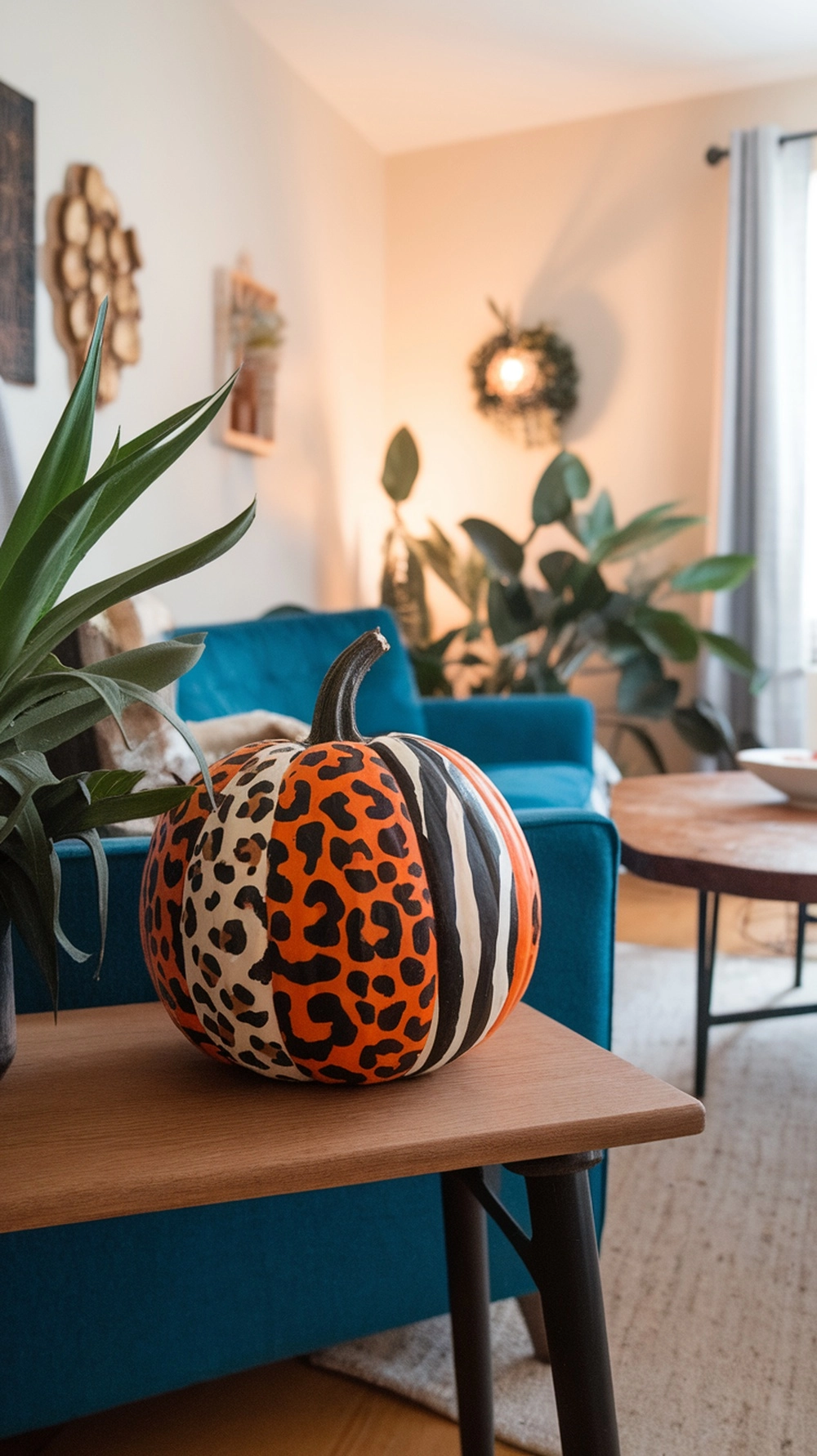 A creatively decorated pumpkin featuring animal print patterns in orange, black, and white.