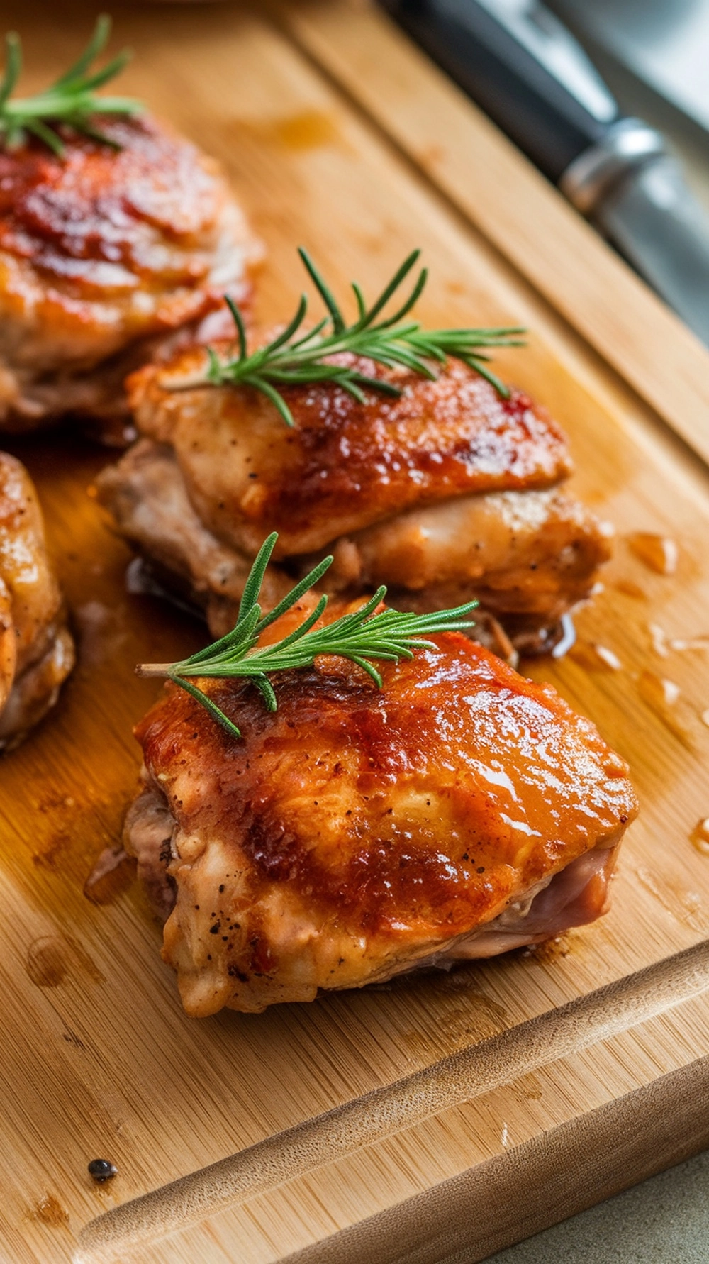 Apple Cider Glazed Chicken on a wooden cutting board with rosemary garnish