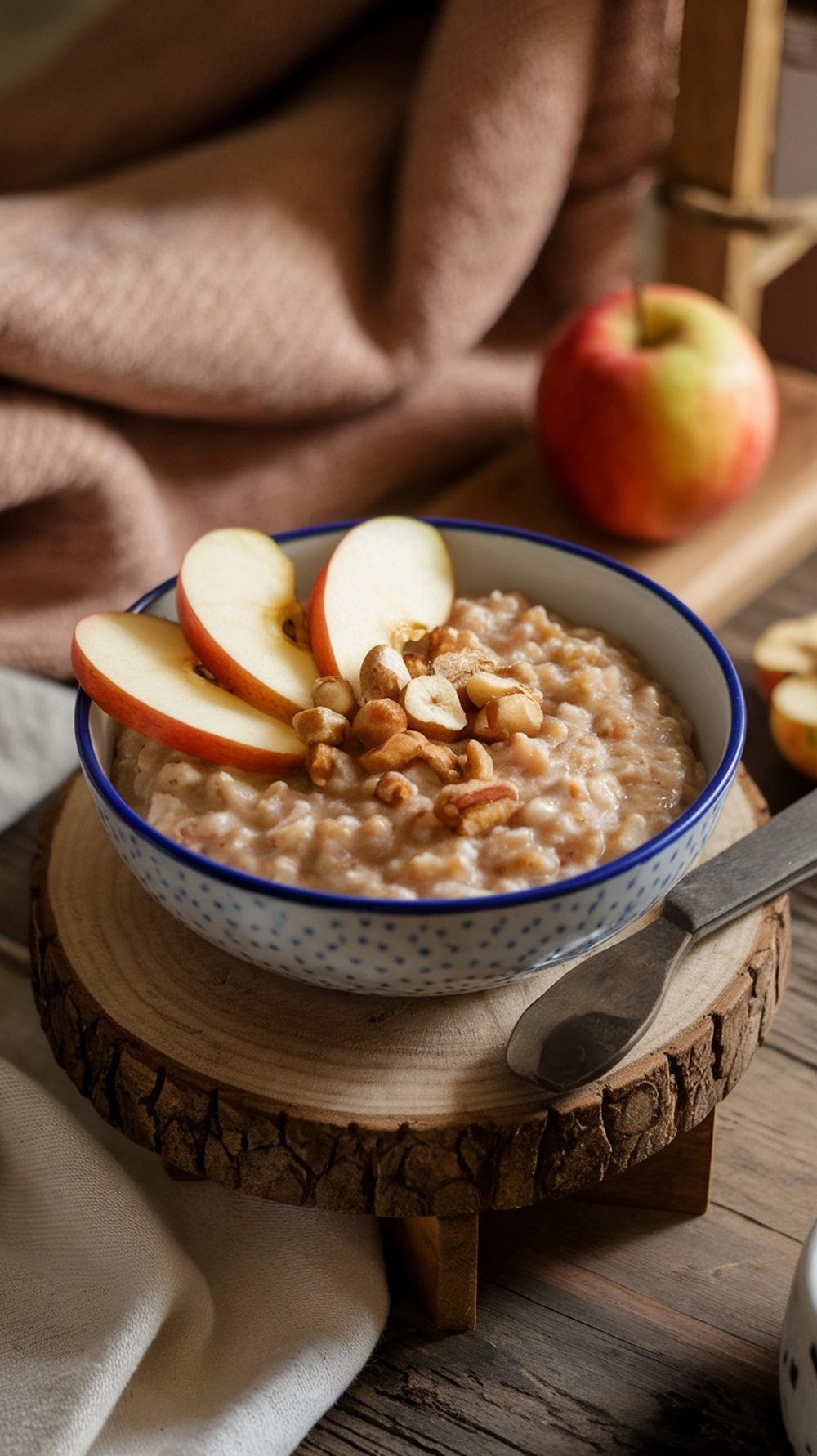 A bowl of apple cinnamon oatmeal topped with apple slices and nuts, set on a wooden surface with a cozy background.