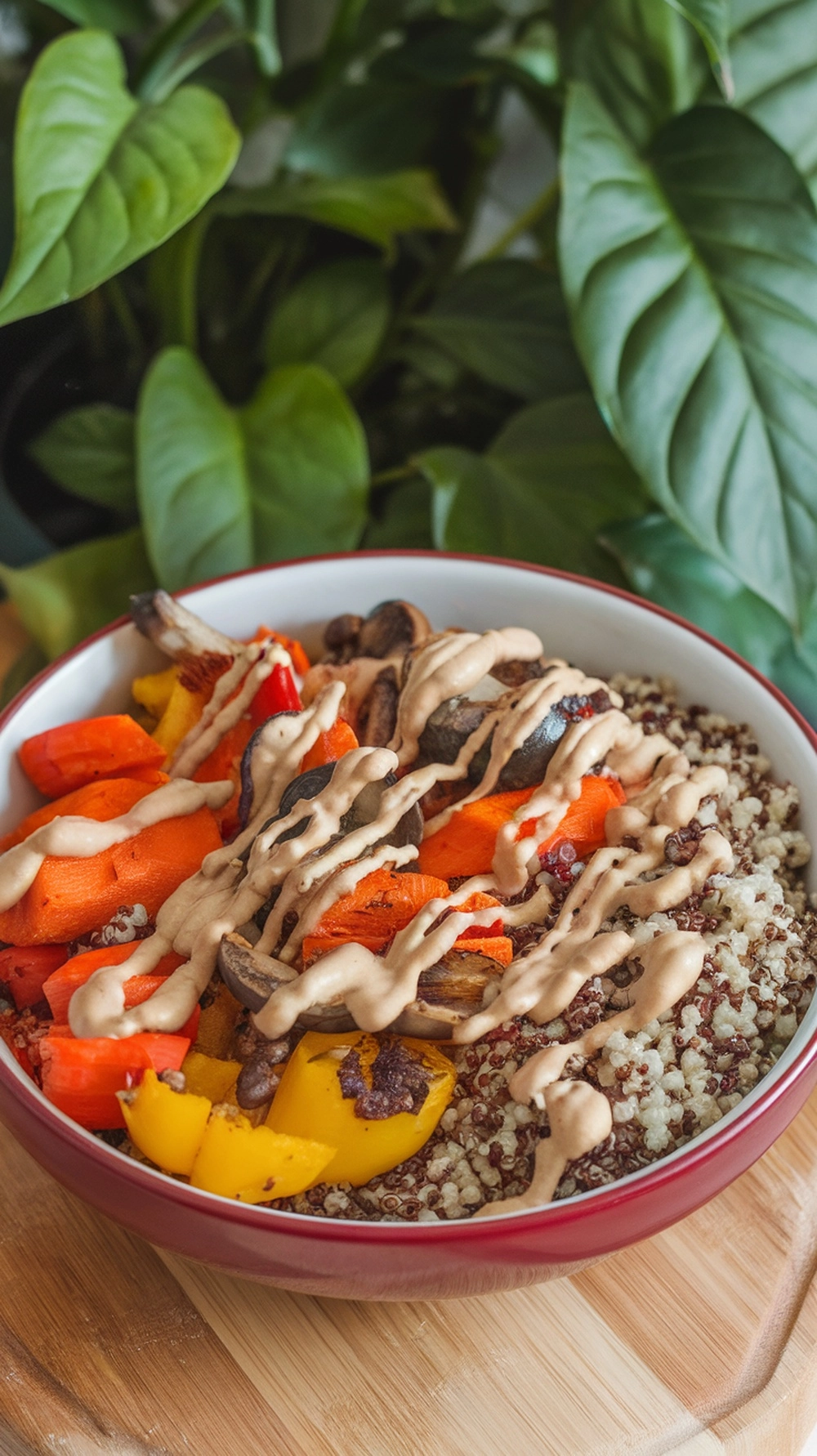 A colorful Autumn Harvest Grain Bowl with quinoa, roasted vegetables, and tahini sauce.