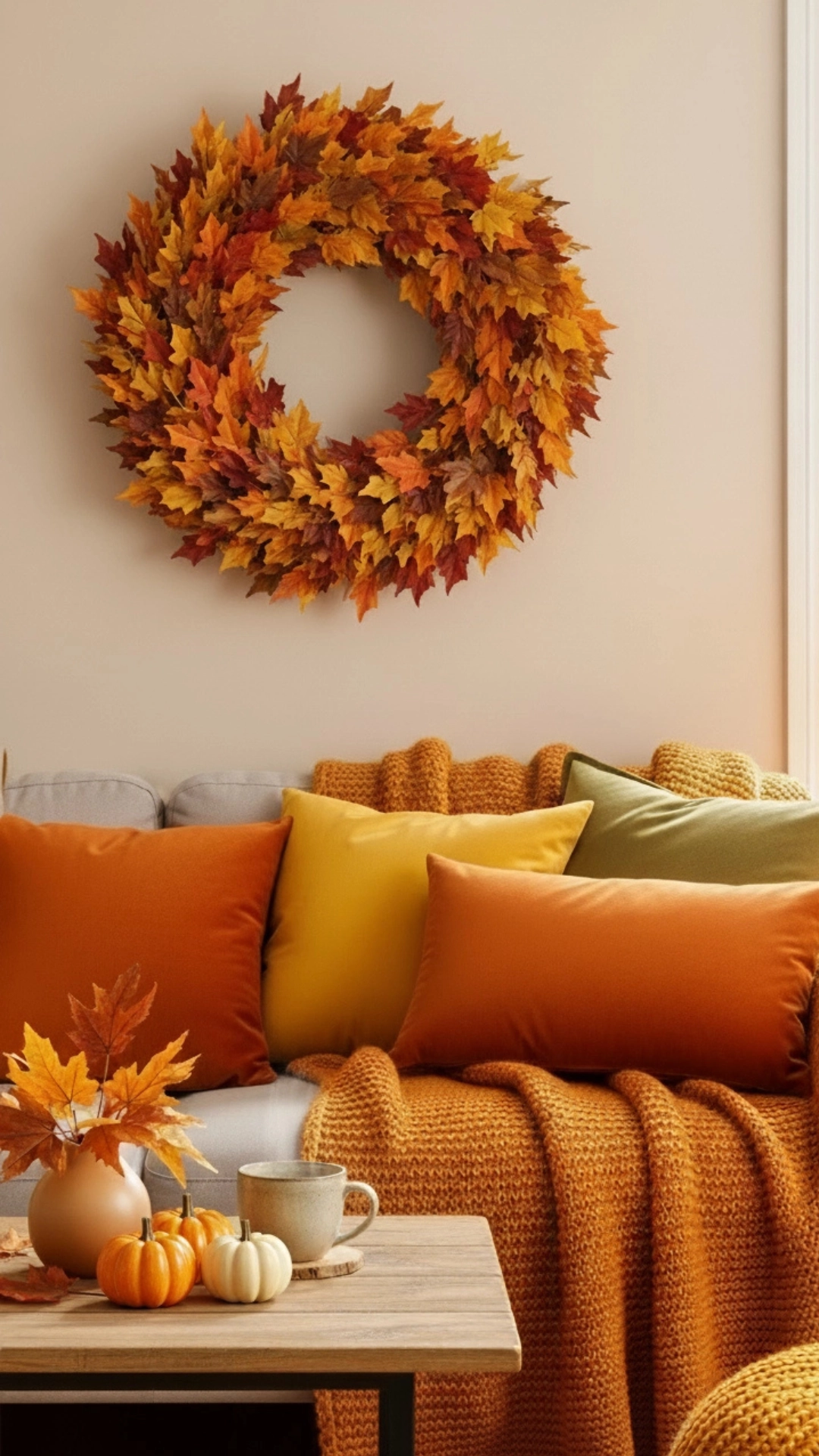 Cozy living room decorated for fall with autumn colors, pumpkins, and a leaf wreath.