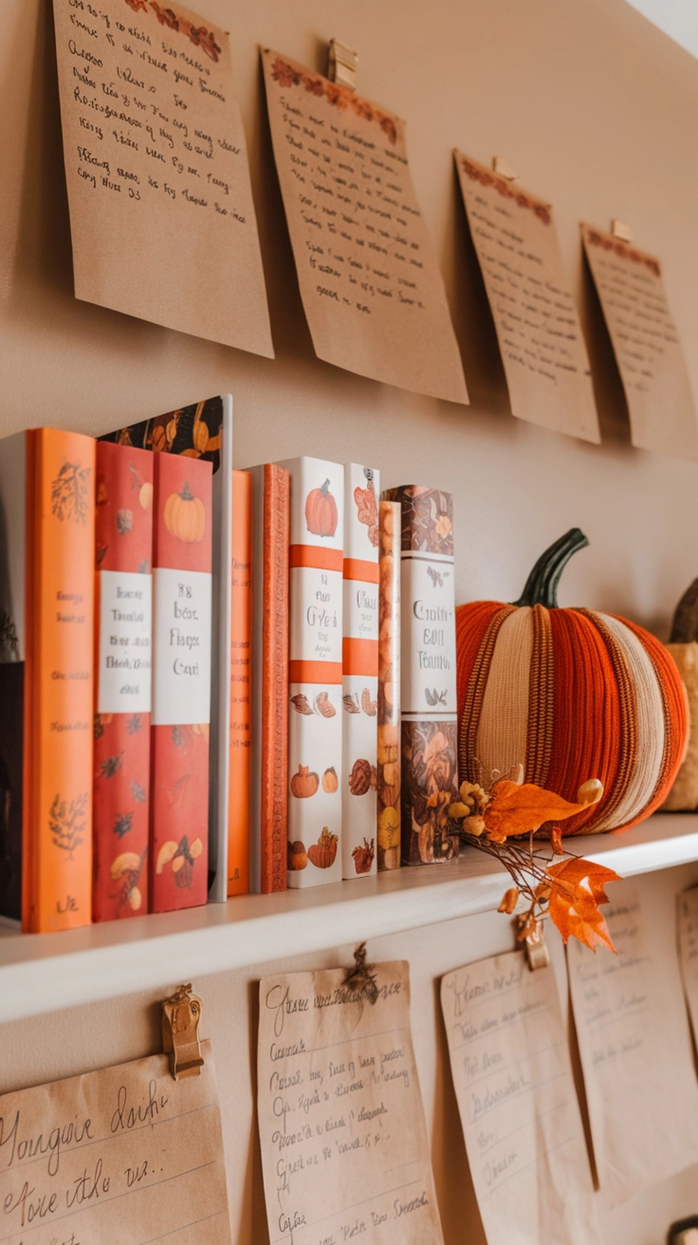 A cozy fall kitchen shelf with autumn-inspired cookbooks and handwritten recipe notes.
