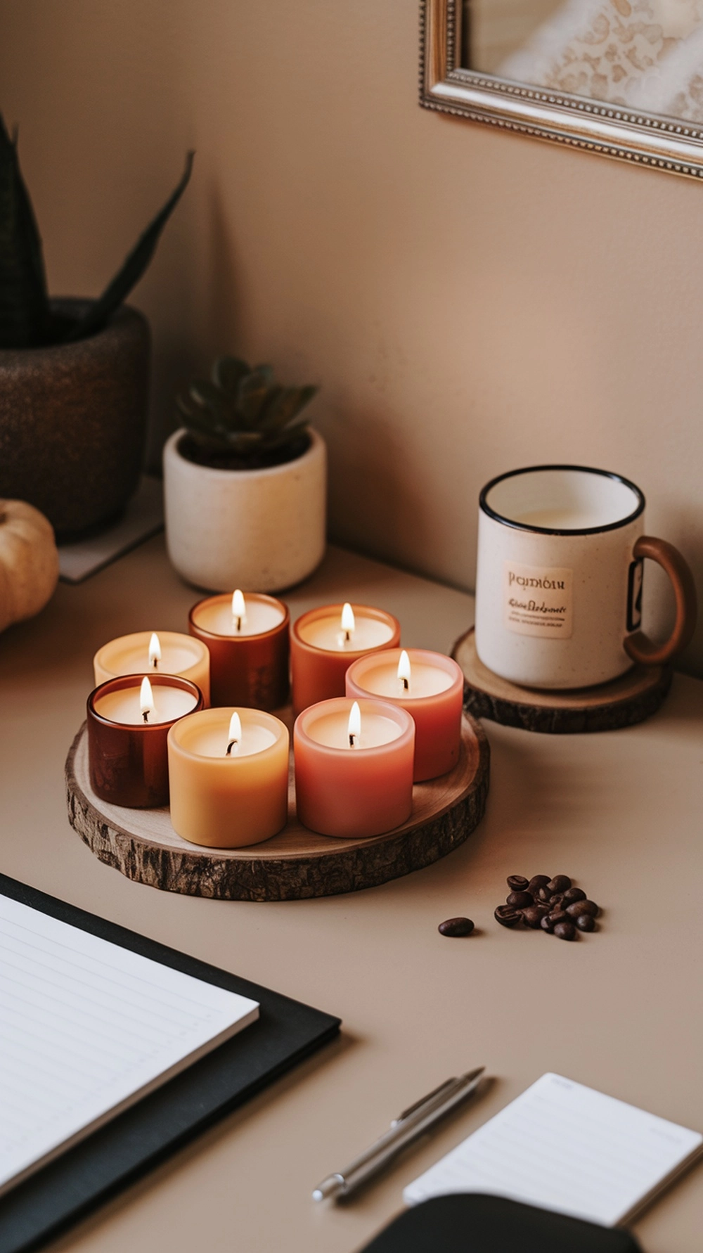 A cozy autumn workspace setup featuring a wooden tray with colorful scented candles, a coffee mug, and a notepad.