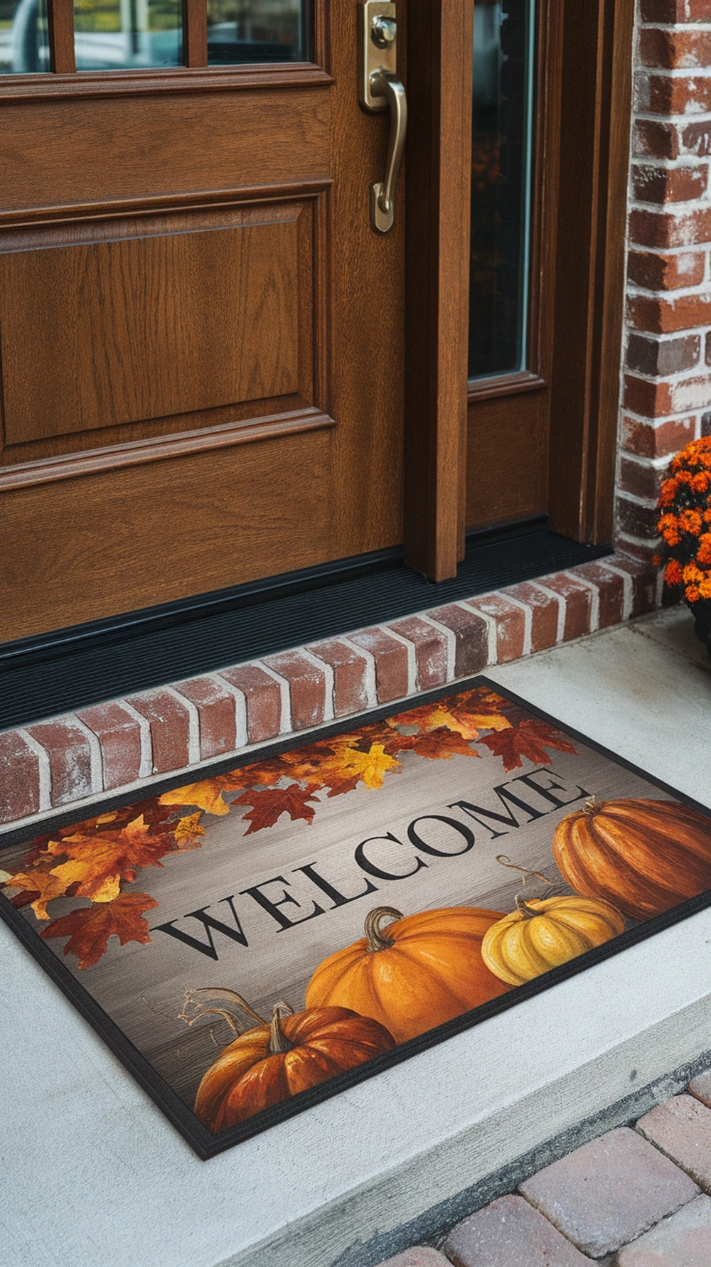 14 Beautiful Fall Door Decorations to Welcome Autumn 6 A welcome mat with pumpkins and autumn leaves at a front door