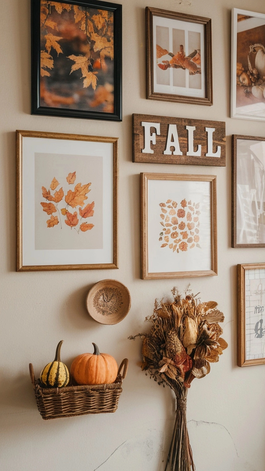 A cozy fall-themed wall art display featuring framed pictures of leaves, pumpkins, and a wooden sign that says 'FALL'.