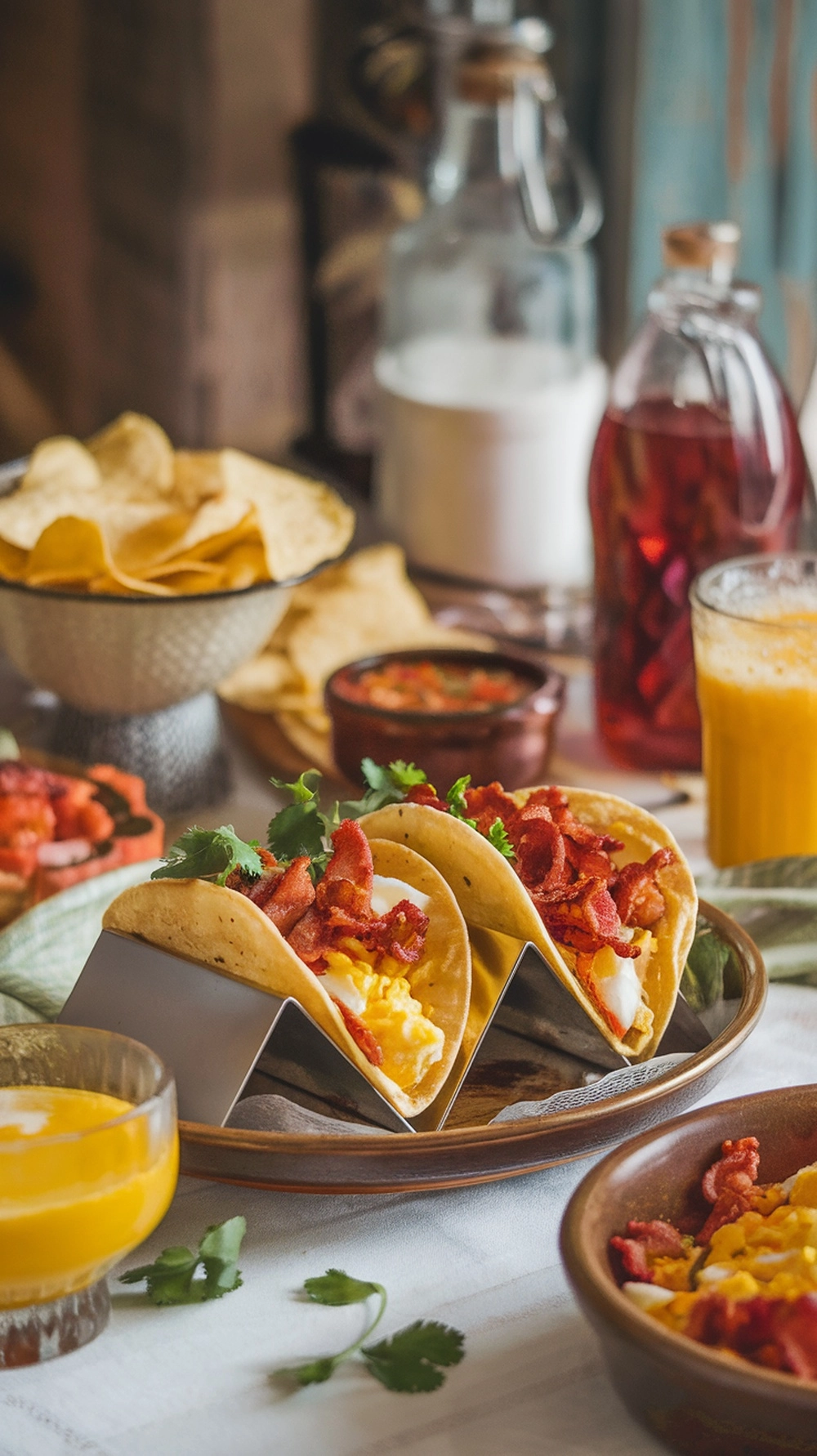 Delicious bacon and egg breakfast tacos served with orange juice and salsa