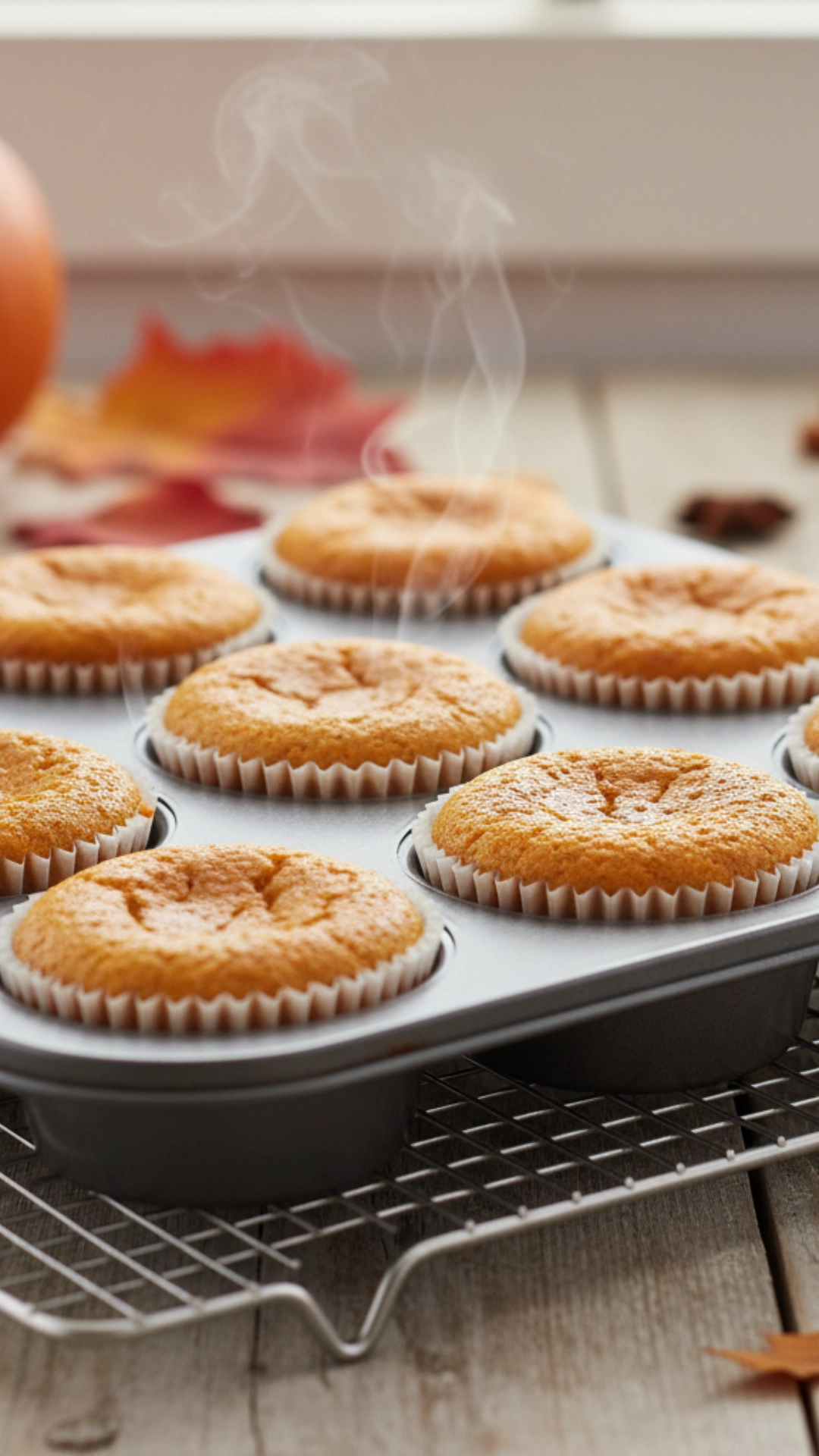 Baked Mini Pumpkin Cheesecakes cooling on a wire rack