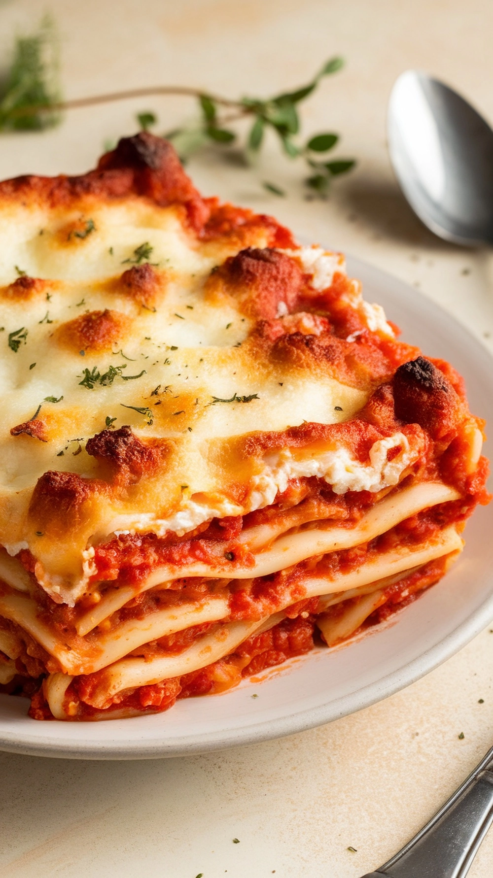 A slice of baked ziti with ricotta and mozzarella cheese, layered with marinara sauce.