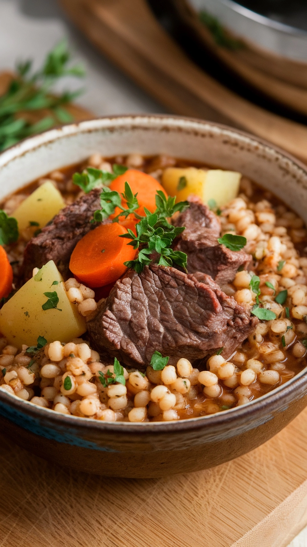 A bowl of beef and barley stew with carrots, potatoes, and herbs.
