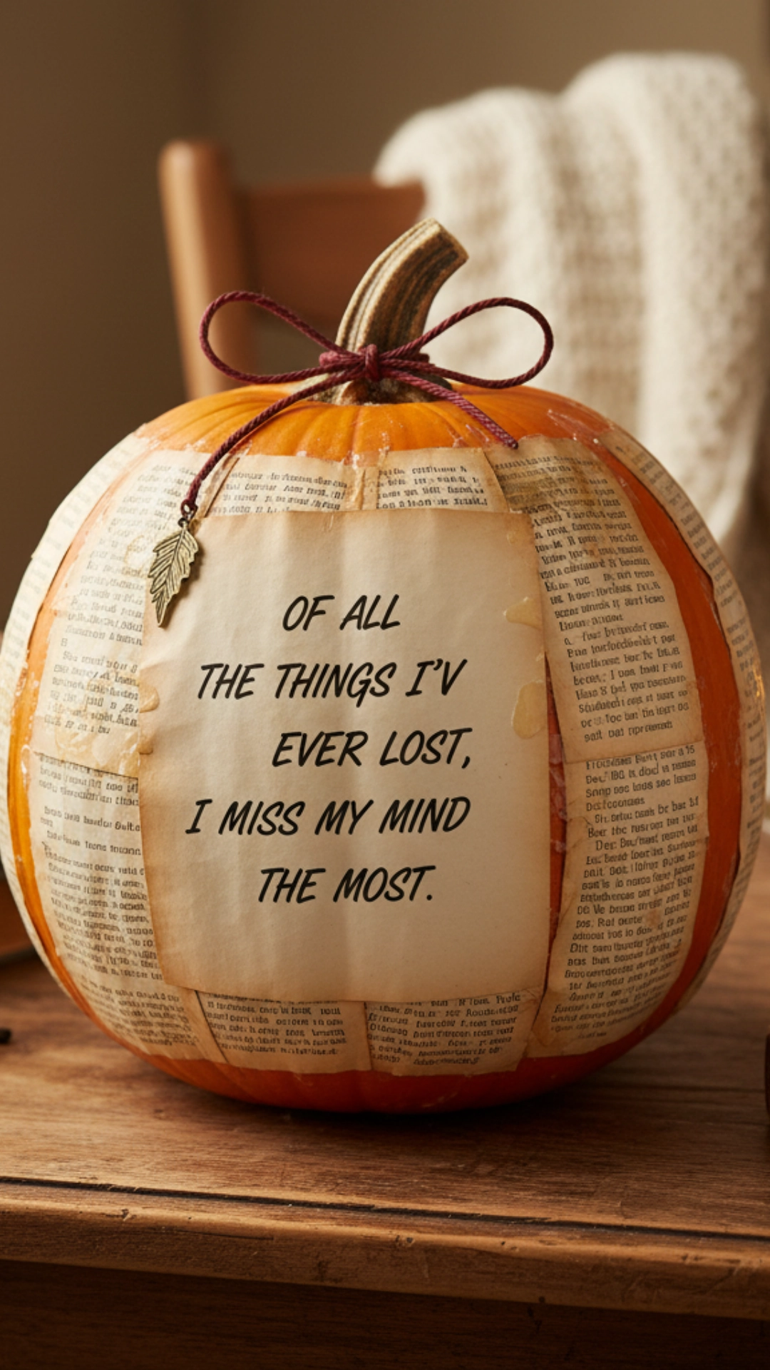 A pumpkin decorated with book pages, sitting on a shelf filled with books.