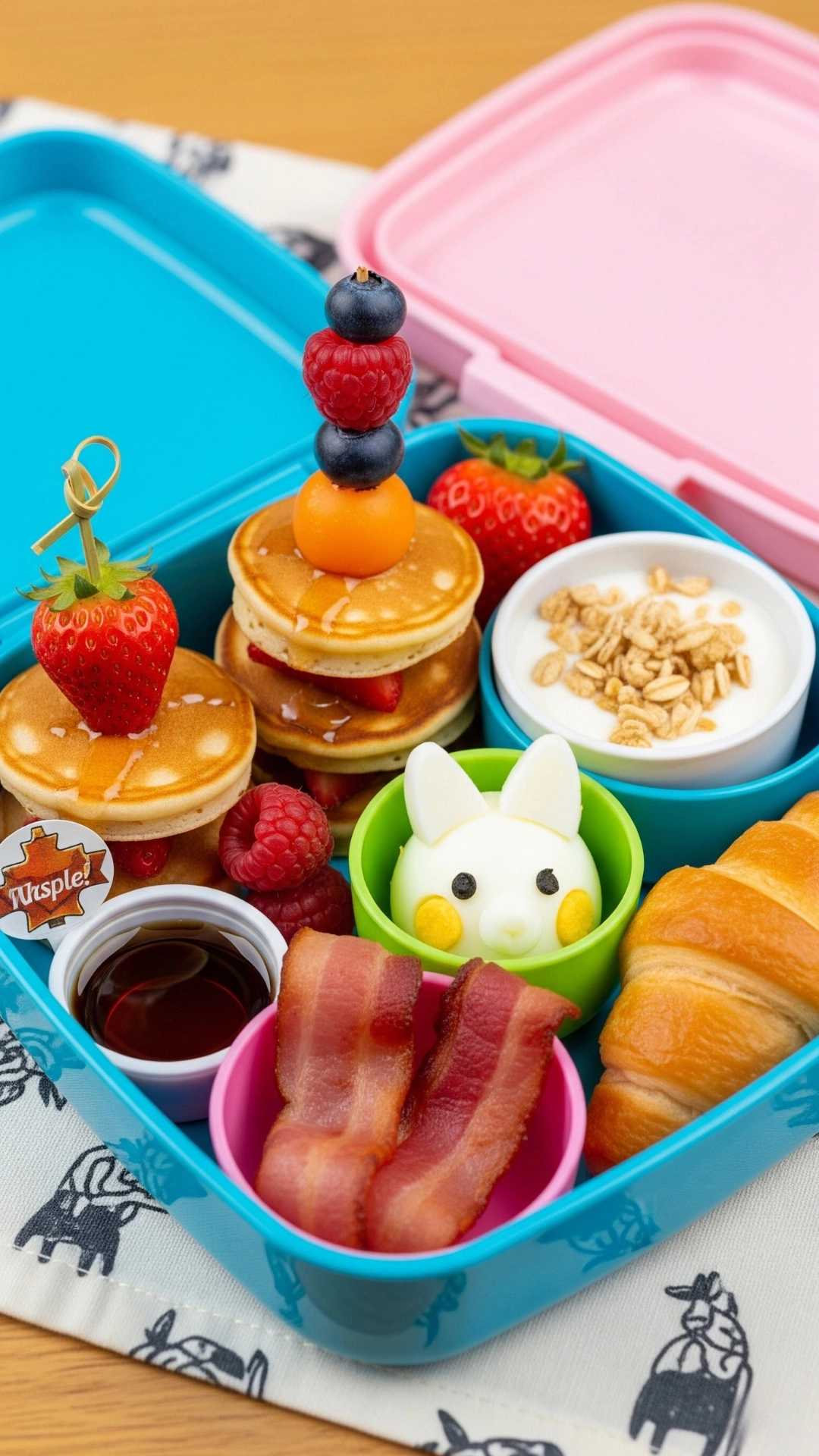 Creative and Healthy School Lunch Ideas for Kids 10 A "Breakfast for Lunch" bento box with mini pancakes, a rabbit-shaped egg, bacon, and a croissant