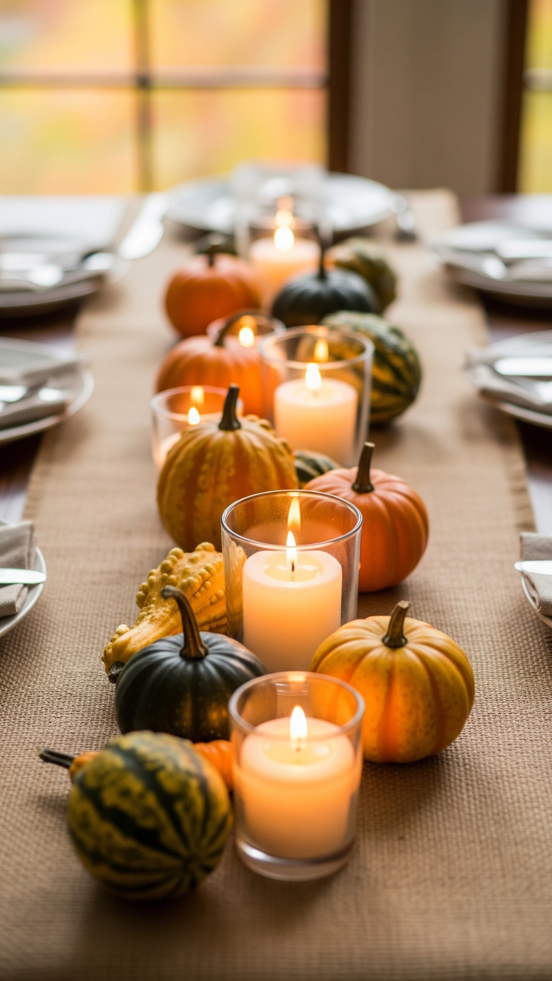 How to Make Your Fall Home Decor Look Expensive 7 A close-up of a festive fall tablescape featuring a centerpiece of small gourds and candles on a burlap runner.