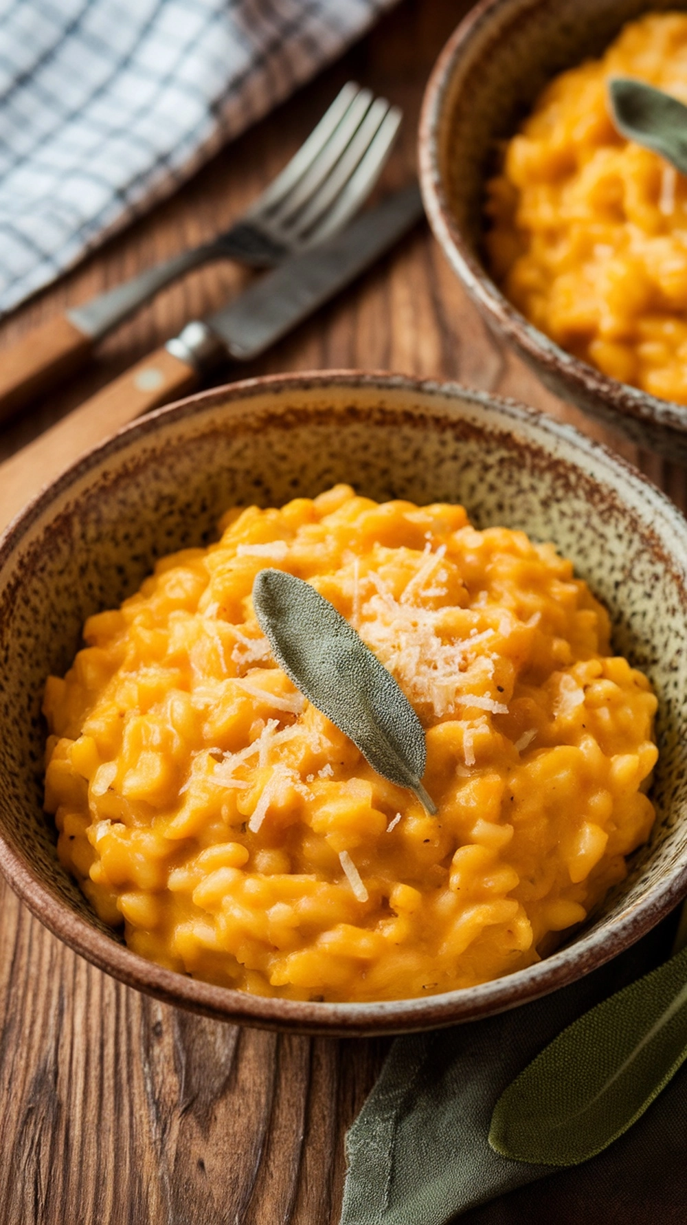 A bowl of creamy butternut squash risotto topped with sage and cheese, set on a wooden table.