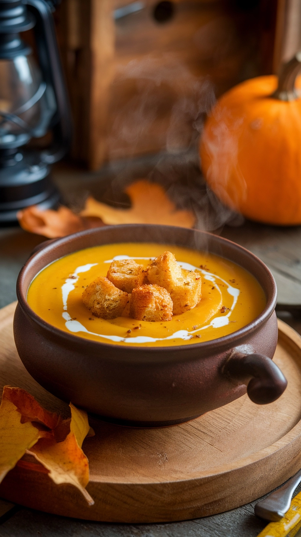 A warm bowl of butternut squash soup topped with croutons, surrounded by autumn leaves and a pumpkin.