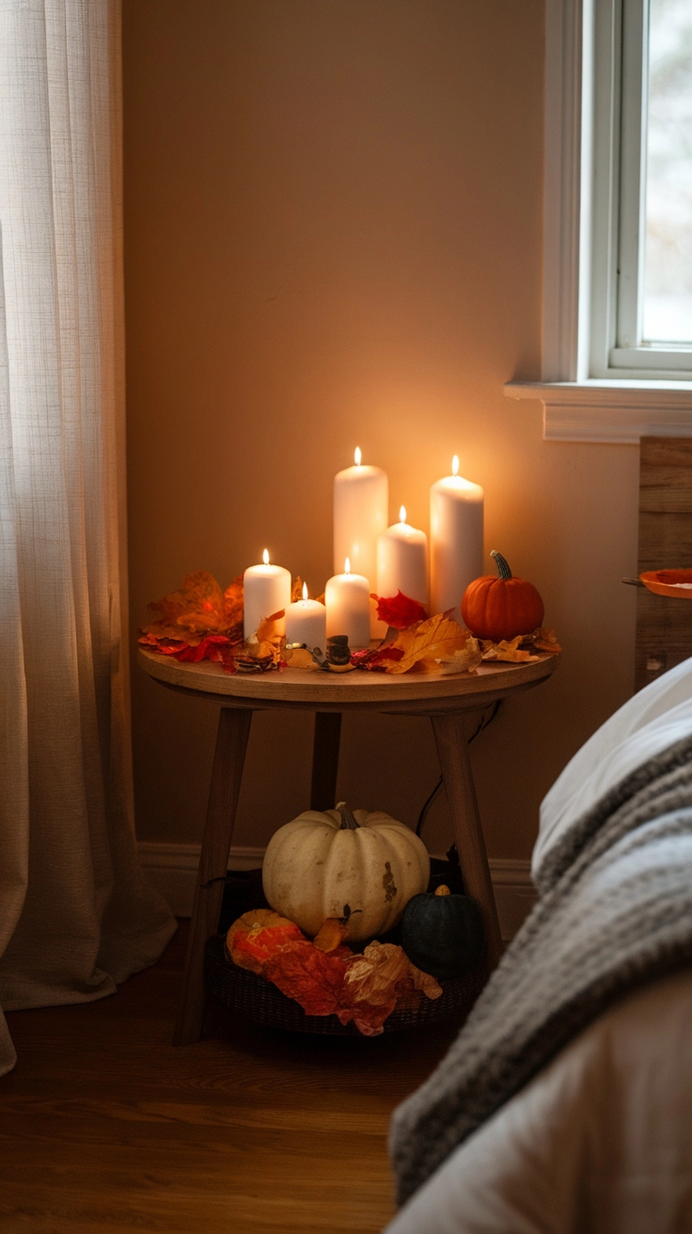 A cozy fall bedroom decor featuring candles on a table with autumn leaves and pumpkins.