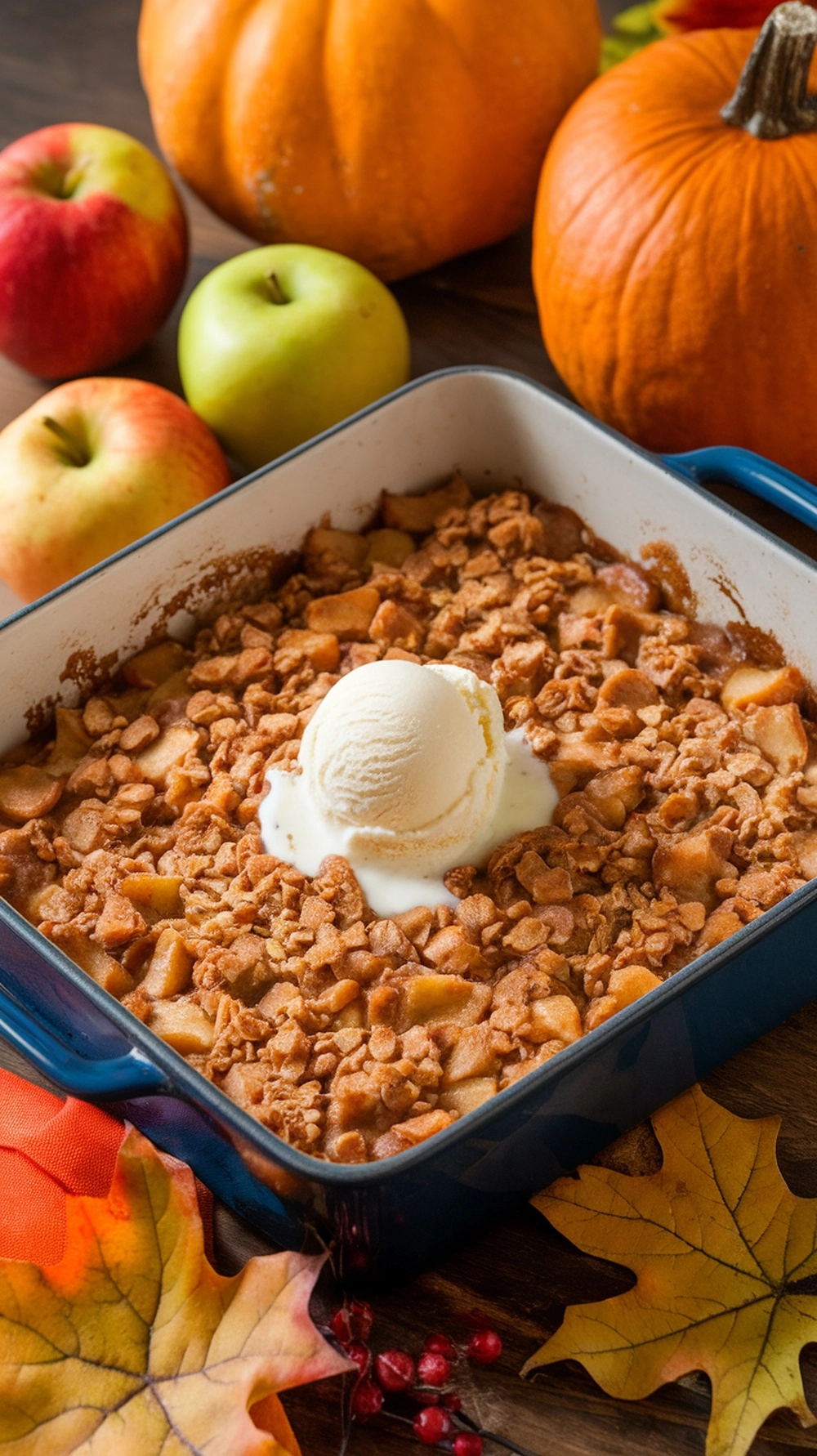 A baking dish of caramel apple crisp topped with vanilla ice cream, surrounded by pumpkins and apples.