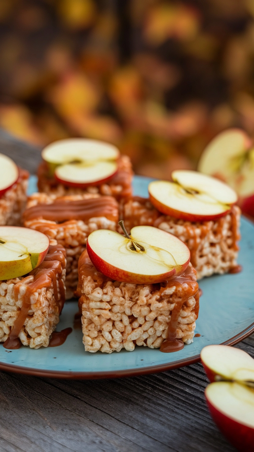 Delicious caramel apple rice krispie treats topped with apple slices and caramel drizzle.