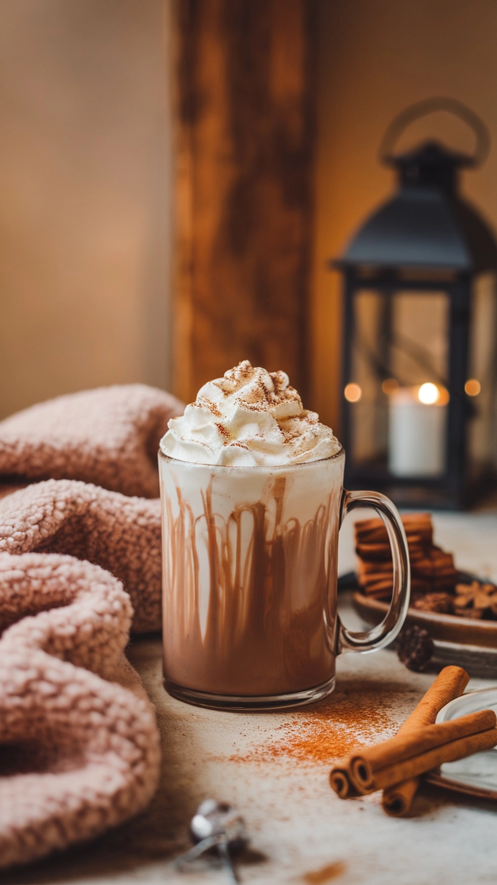 A cozy mug of chai-spiced hot chocolate topped with whipped cream and cinnamon, surrounded by a soft blanket and cinnamon sticks.