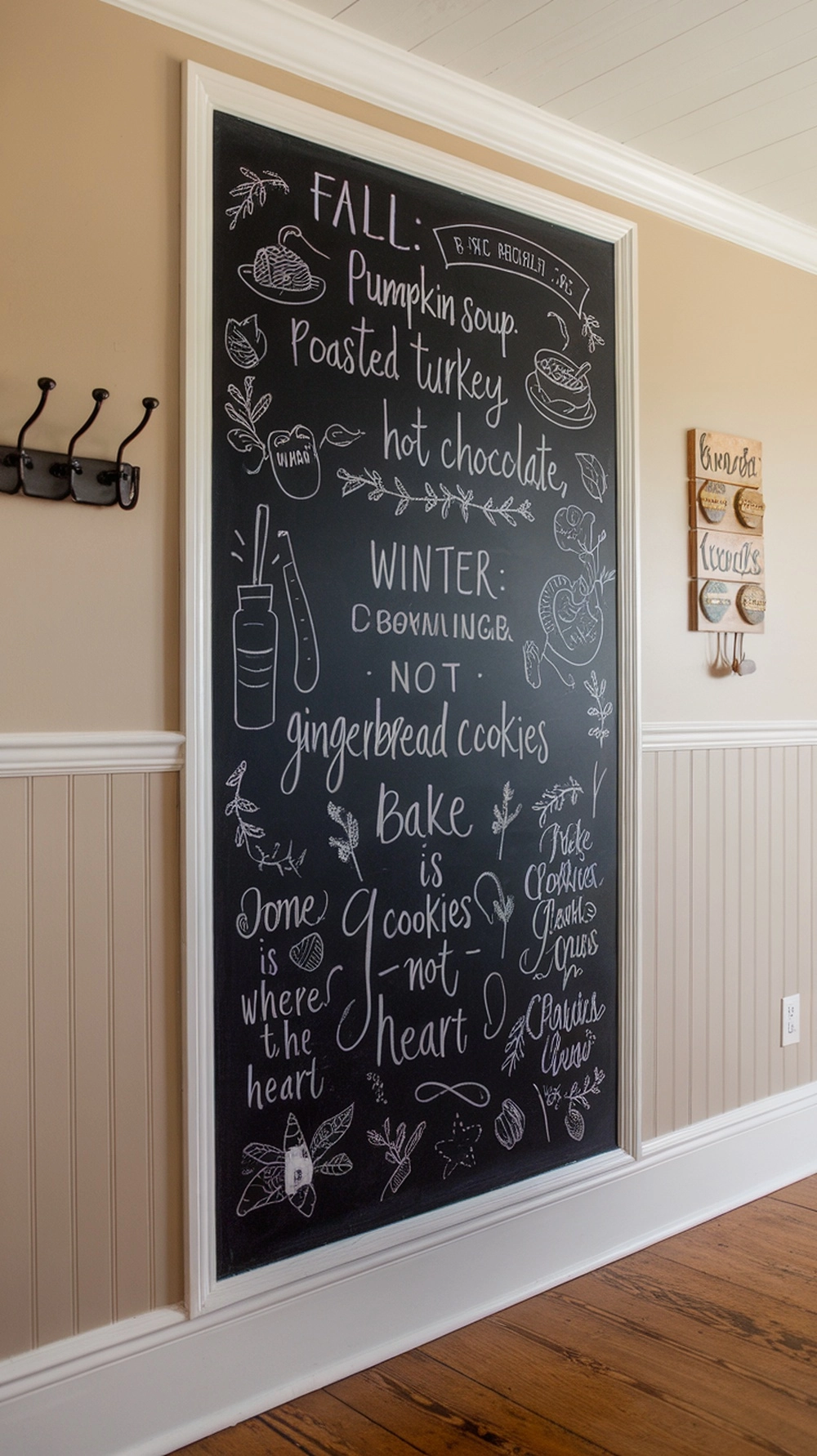 Chalkboard with fall-themed menu and quotes