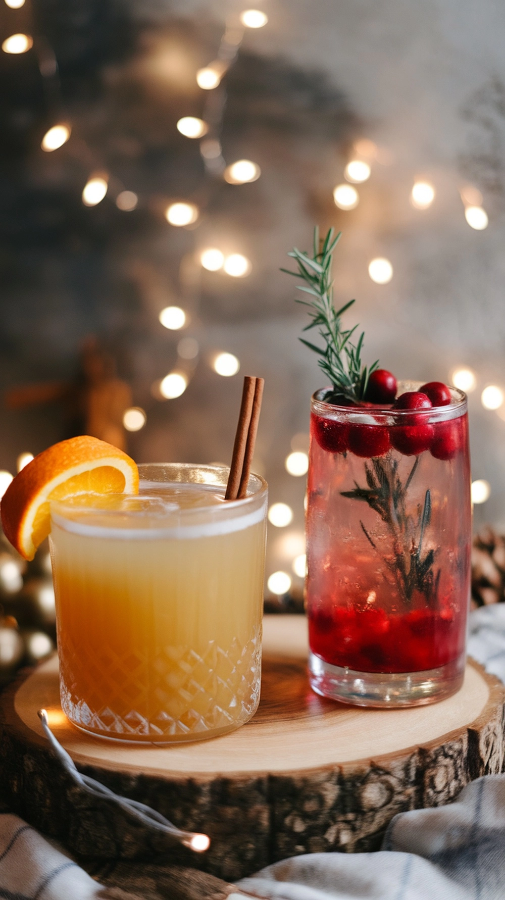 Two hands clinking glasses in a toast, one holding an Apple Cider Bourbon Smash and the other a Cranberry Sparkler, celebrating with festive fall cocktails.