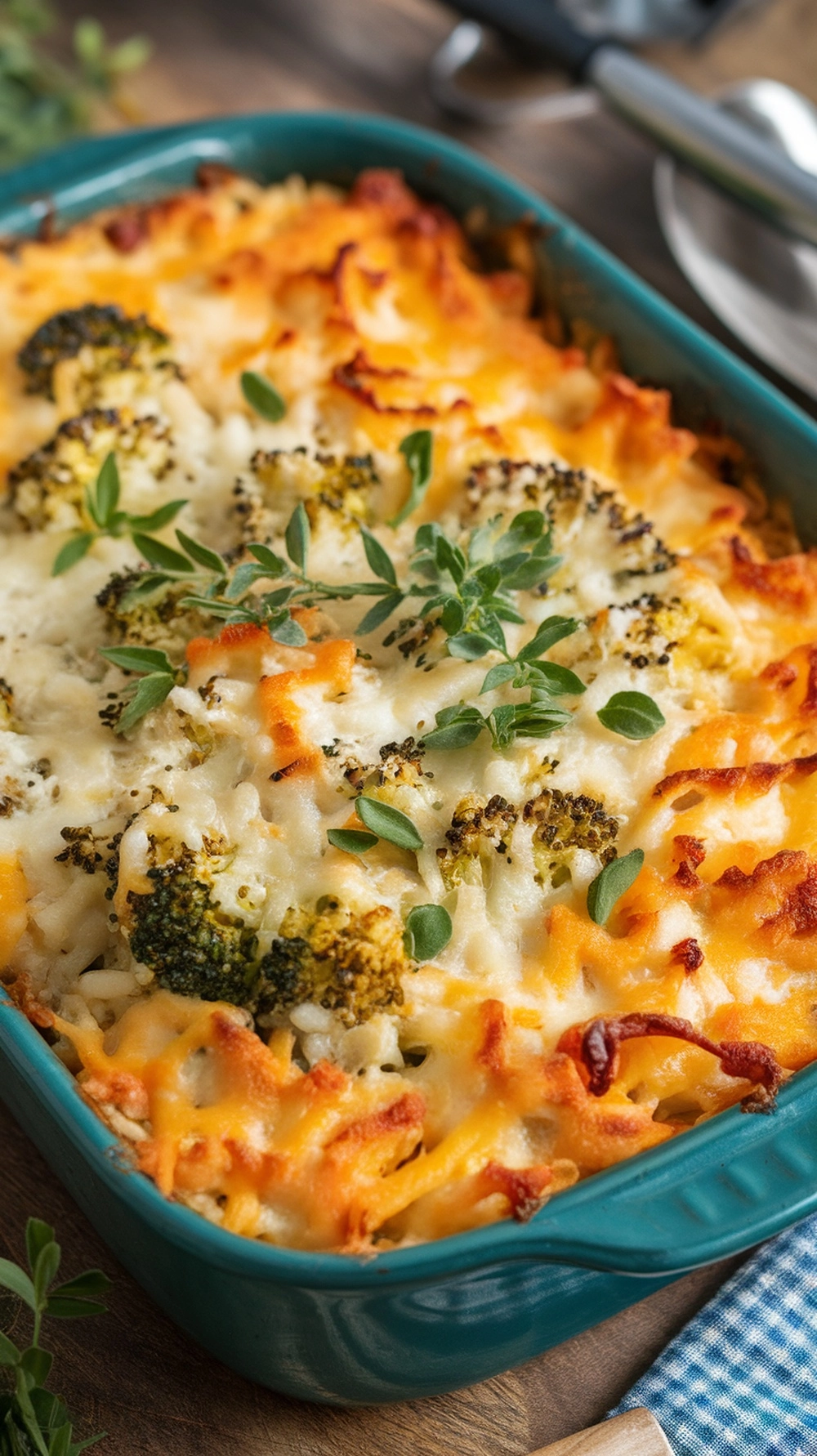 A delicious Cheesy Broccoli and Rice Casserole topped with melted cheese and fresh herbs.