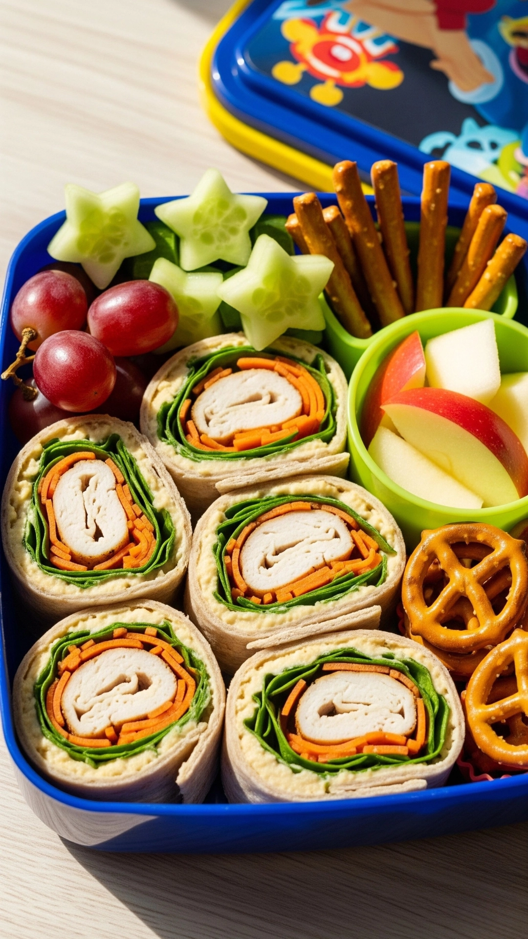 Creative and Healthy School Lunch Ideas for Kids 8 A lunchbox filled with chicken and hummus pinwheel wraps, star-shaped cucumbers, and fresh fruit.