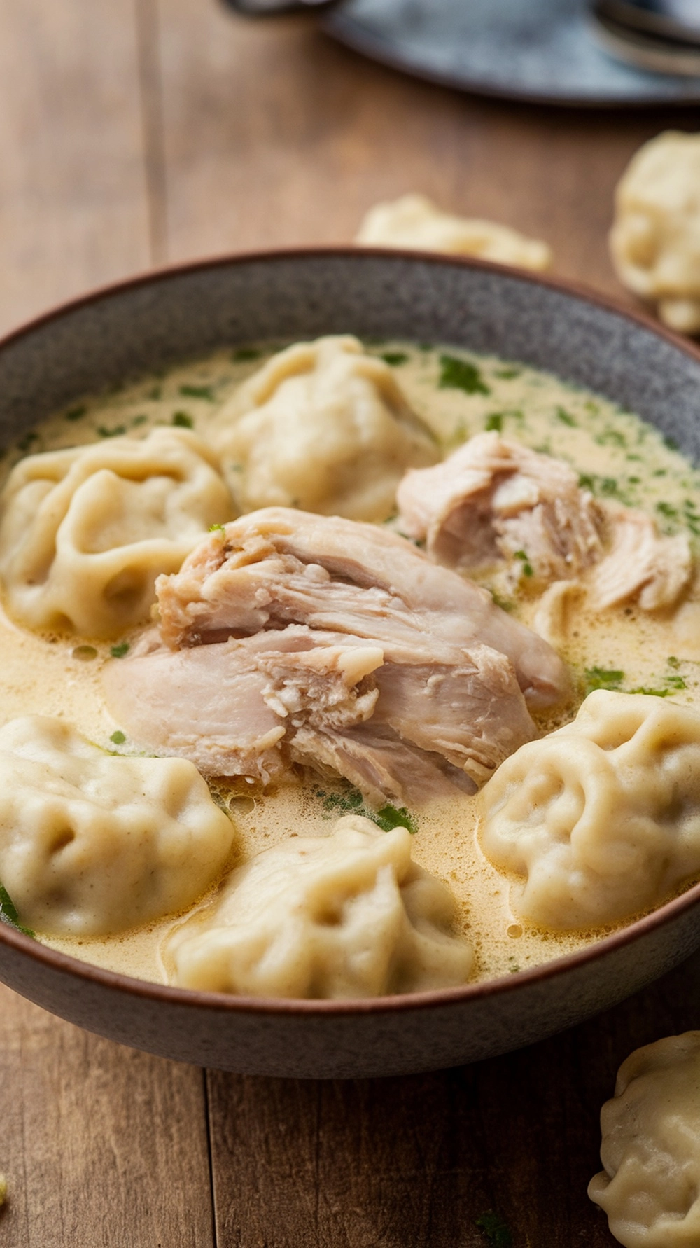 A bowl of chicken and dumplings with tender chicken pieces and fluffy dumplings in creamy broth.