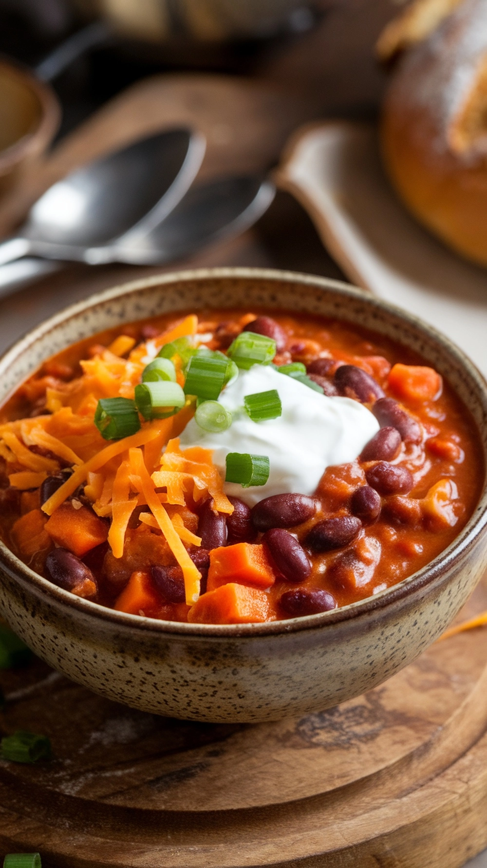 A bowl of chili with sweet potatoes, black beans, cheese, and green onions on top.