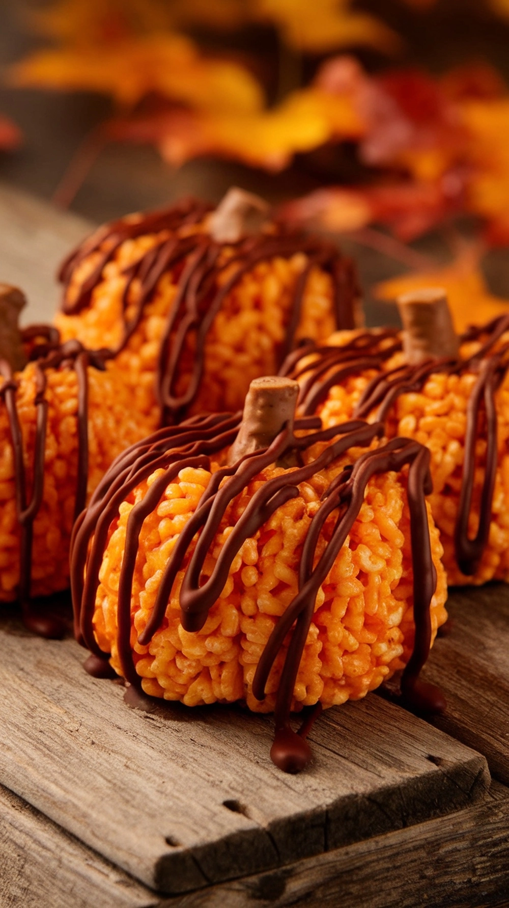 Chocolate drizzled pumpkin rice krispie treats shaped like pumpkins