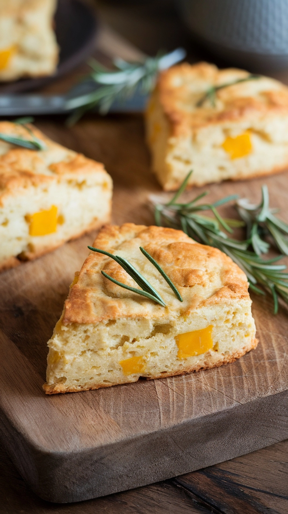 Golden cheddar scones on a wooden board with rosemary sprigs