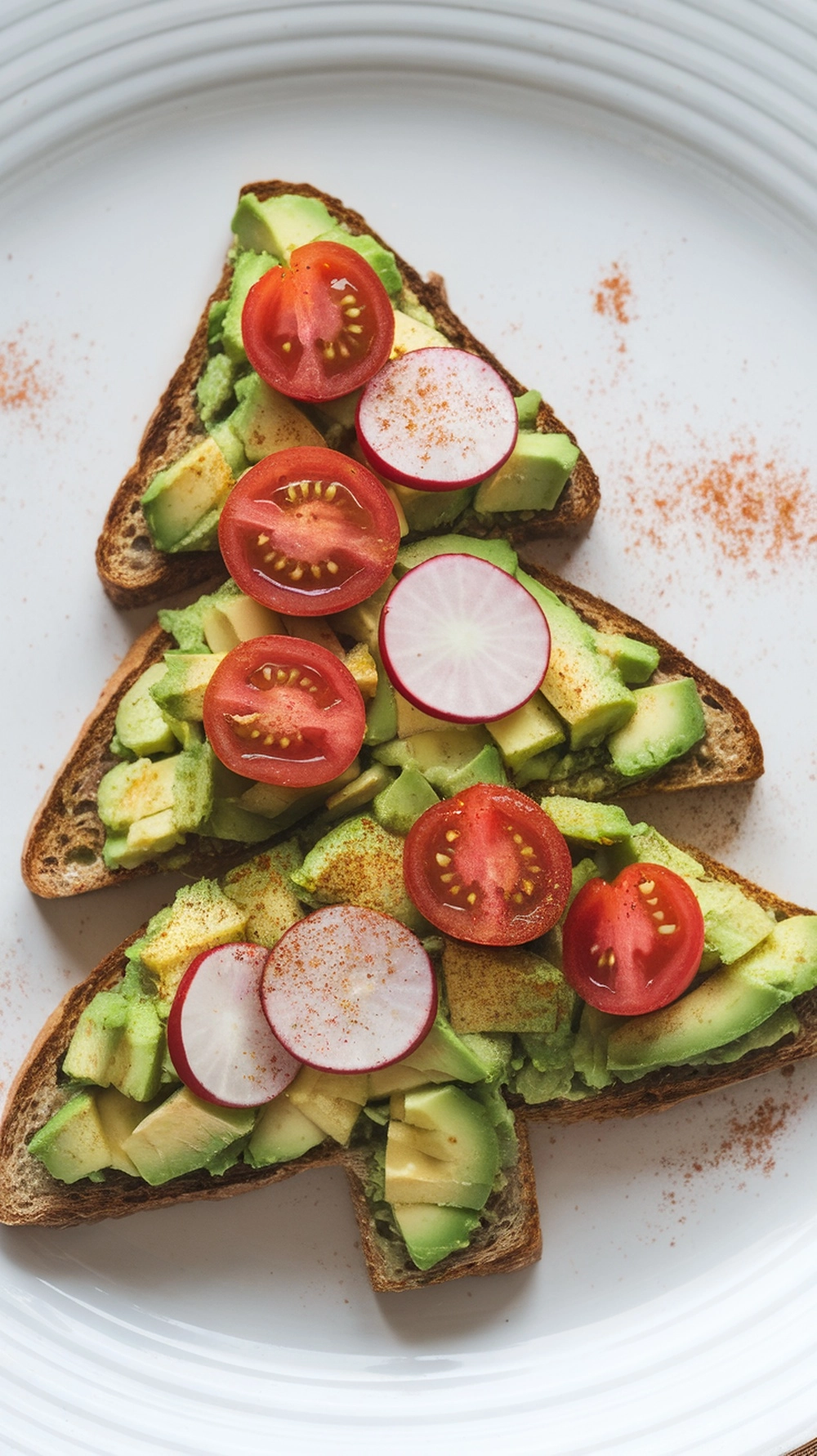 Christmas Tree Avocado Toast decorated with cherry tomatoes and radishes