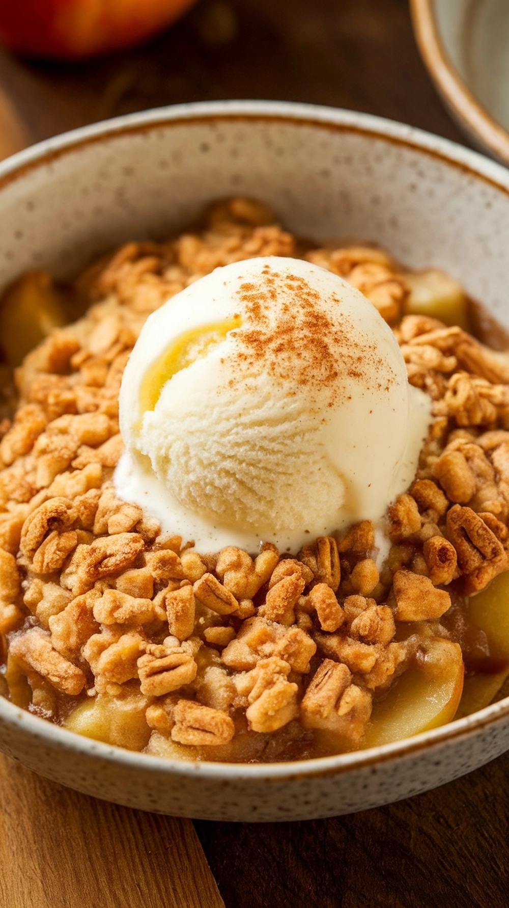 A bowl of cinnamon apple crisp topped with vanilla ice cream and a sprinkle of cinnamon.