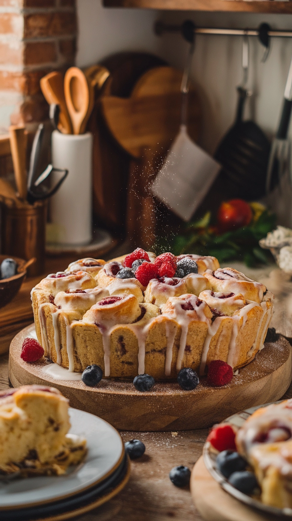 A cinnamon roll casserole topped with icing and fresh berries, set in a cozy kitchen.