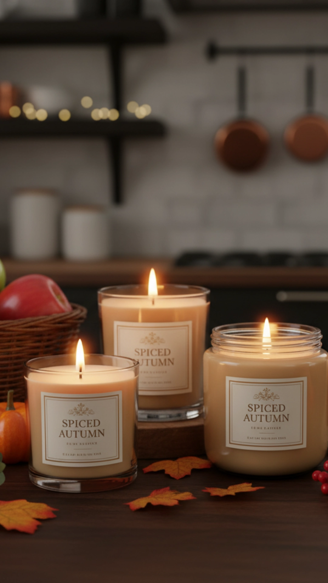 Cinnamon scented candles on a kitchen countertop surrounded by pumpkins and autumn decor.