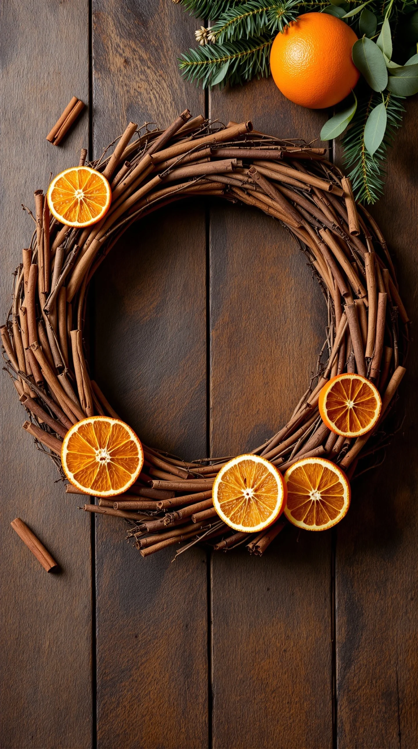 17 Cozy Fall Wreath Ideas to Make Your Front Door Shine 9 A rustic wreath made of cinnamon sticks and dried orange slices.