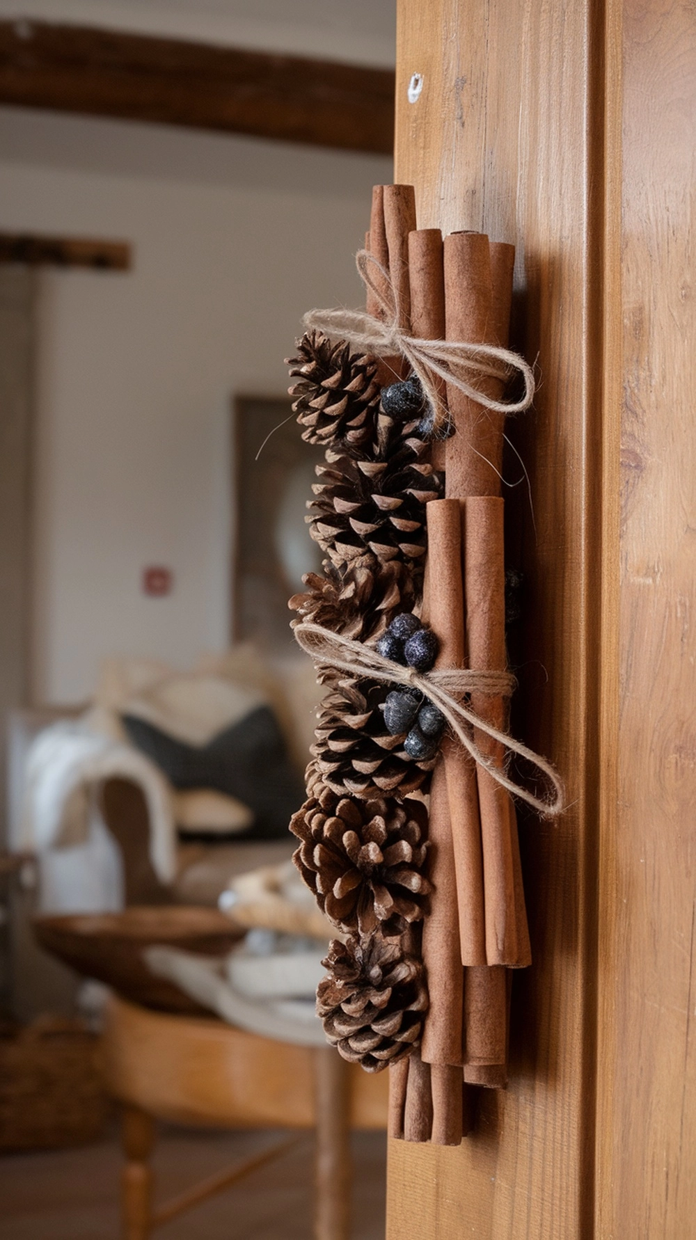 14 Beautiful Fall Door Decorations to Welcome Autumn 19 Cinnamon sticks and pinecones hanging as a door decoration