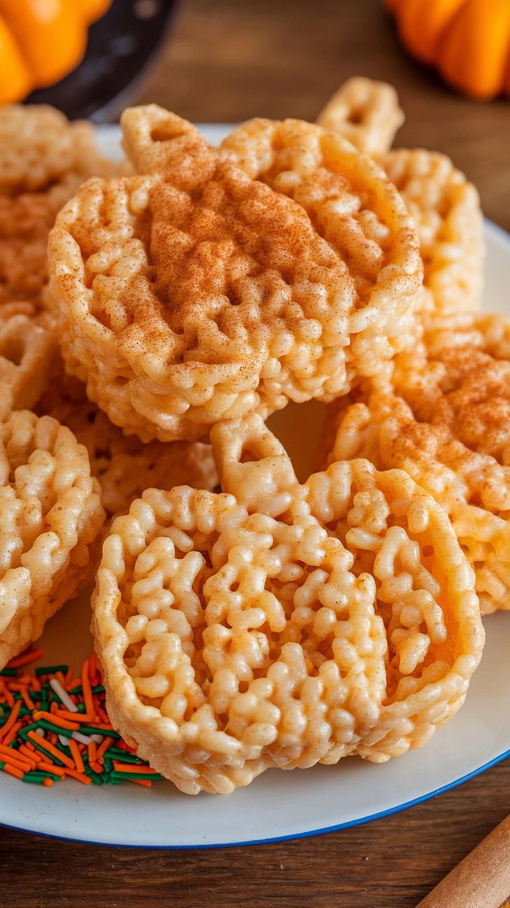 A plate of pumpkin-shaped Rice Krispie treats decorated with cinnamon and sprinkles.