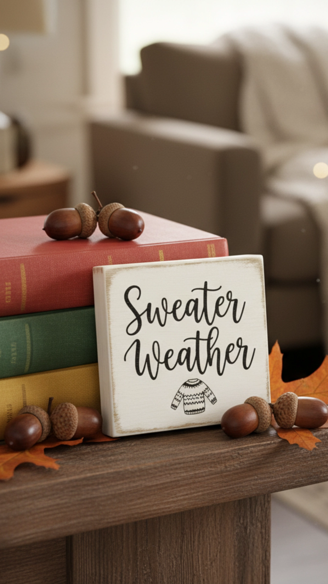 Incredible Fall Mantle Decor Ideas You'll Obsess Over 12 Close-up of a Sweater Weather sign on a fall mantle.