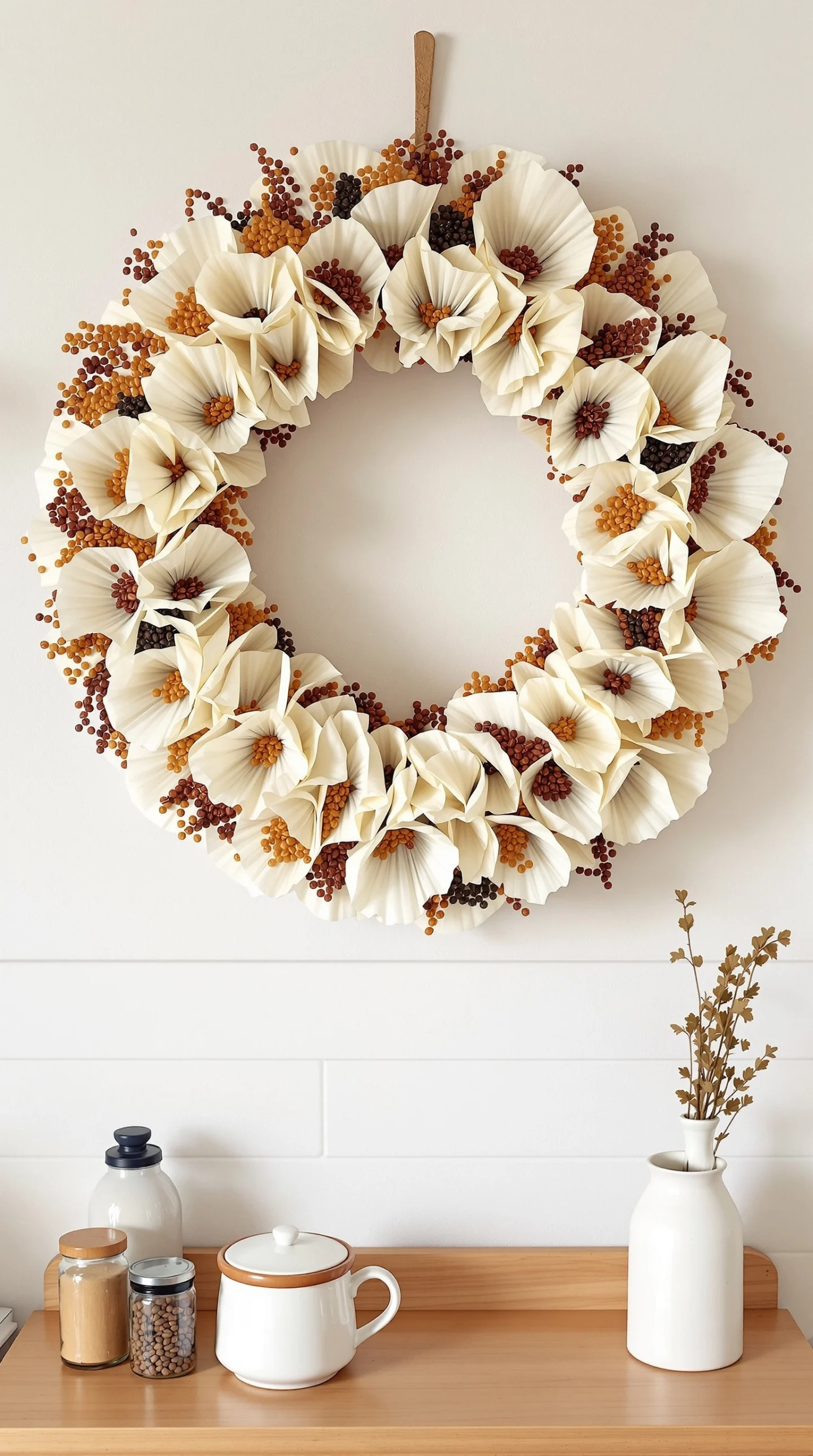 17 Cozy Fall Wreath Ideas to Make Your Front Door Shine 15 A wreath made of coffee filters and grains, showcasing a rustic autumn design.